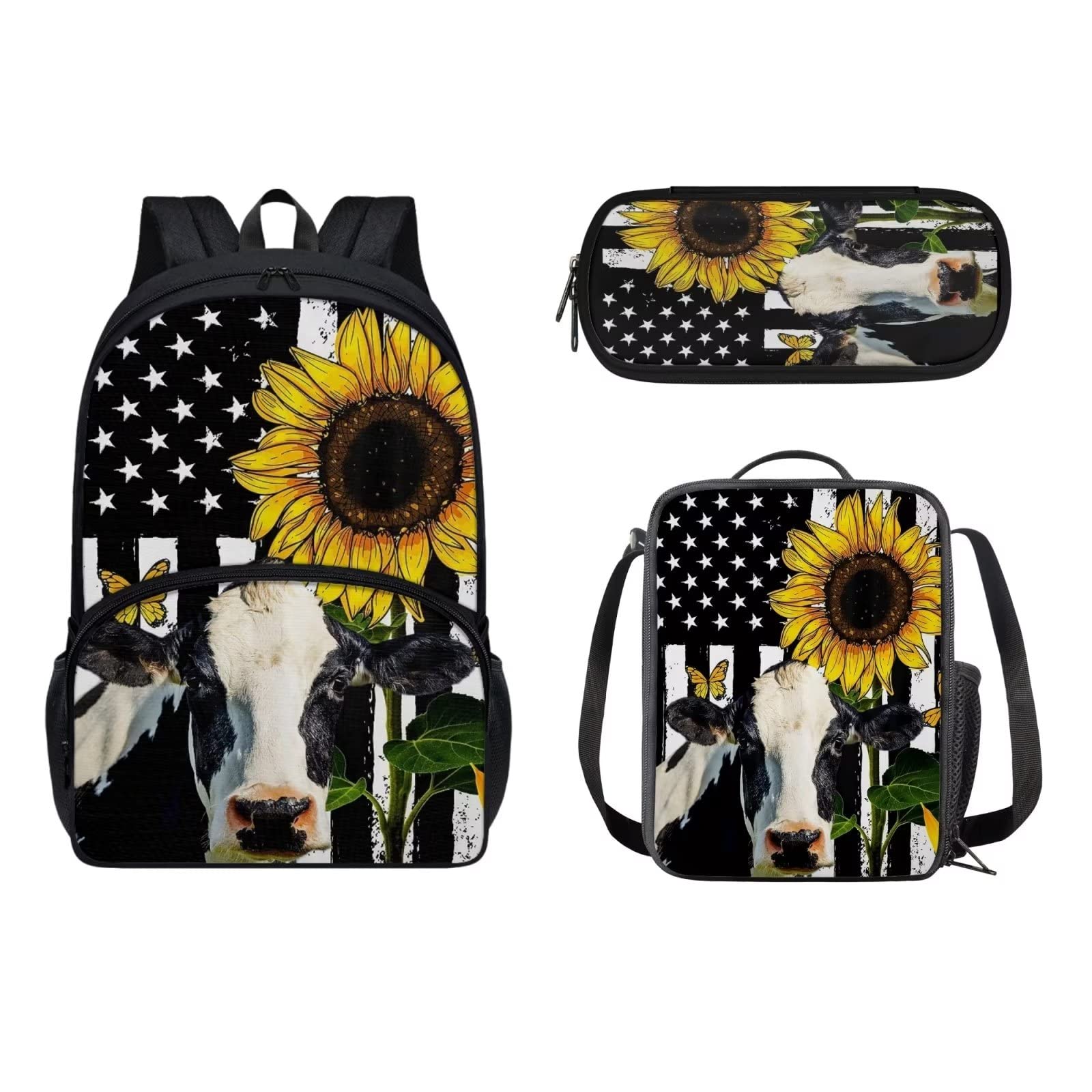 POLERO Mochila escolar de caballos para niños, juego de bolsas de almuerzo, estuche para lápices, 3 piezas, bolsas escolares, Bandera de Estados Unidos girasol vaca, Talla única, Mochila infantil