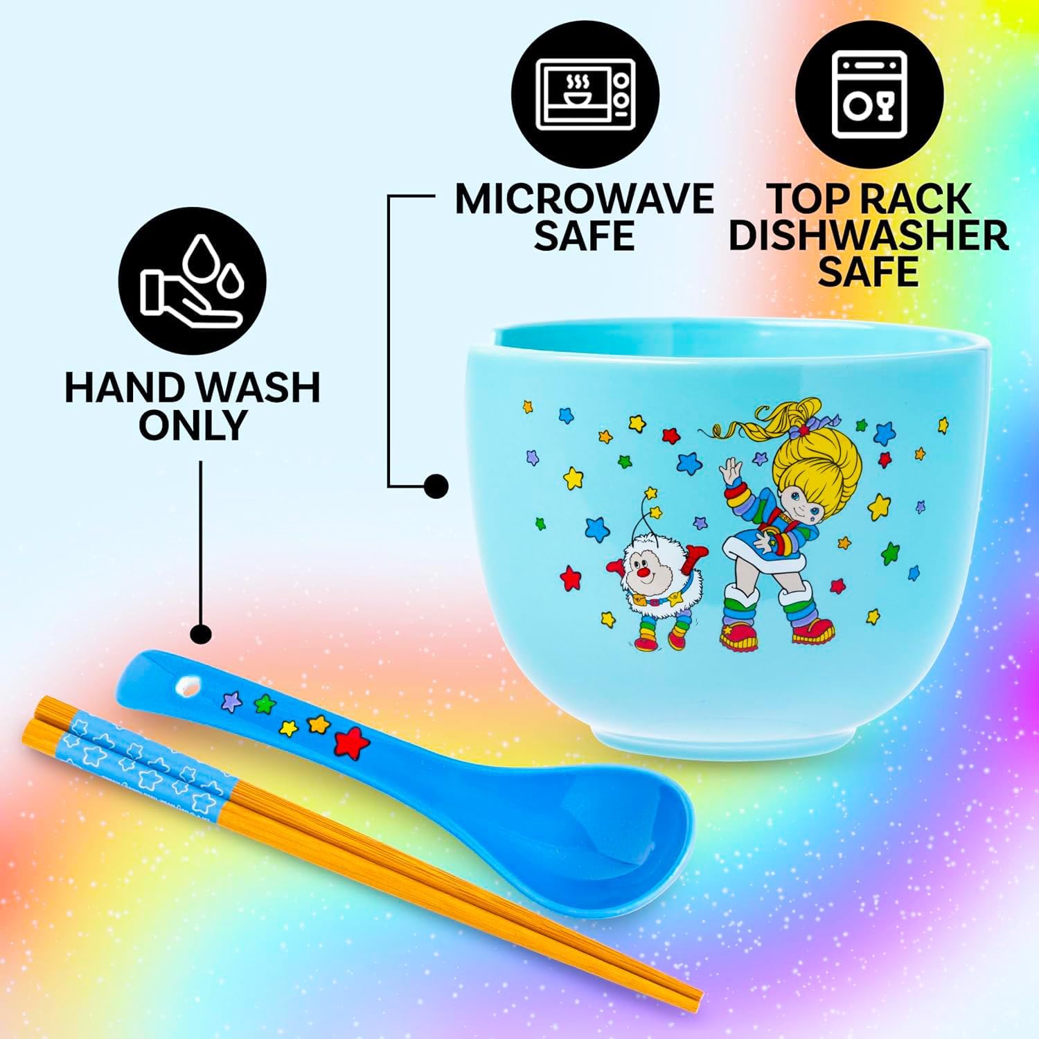 Rainbow Brite Ramen Bowl Bundle - 20 Oz Ramen Bowl with Chopsticks, Spoon