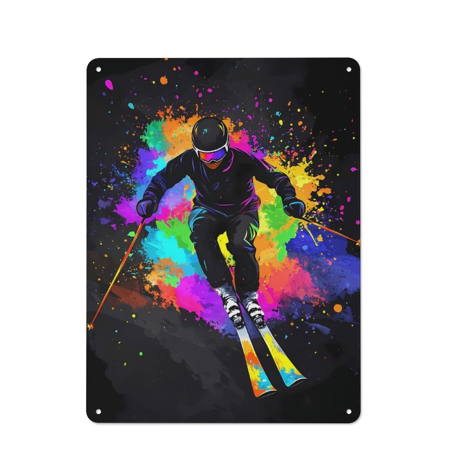 Junmoney Skier In Colorful Splash Clean Industrial Metal Wall Decor 40X30cm, Industrial Metal Sign For Workspace, Cafe, Hallway Or Garage