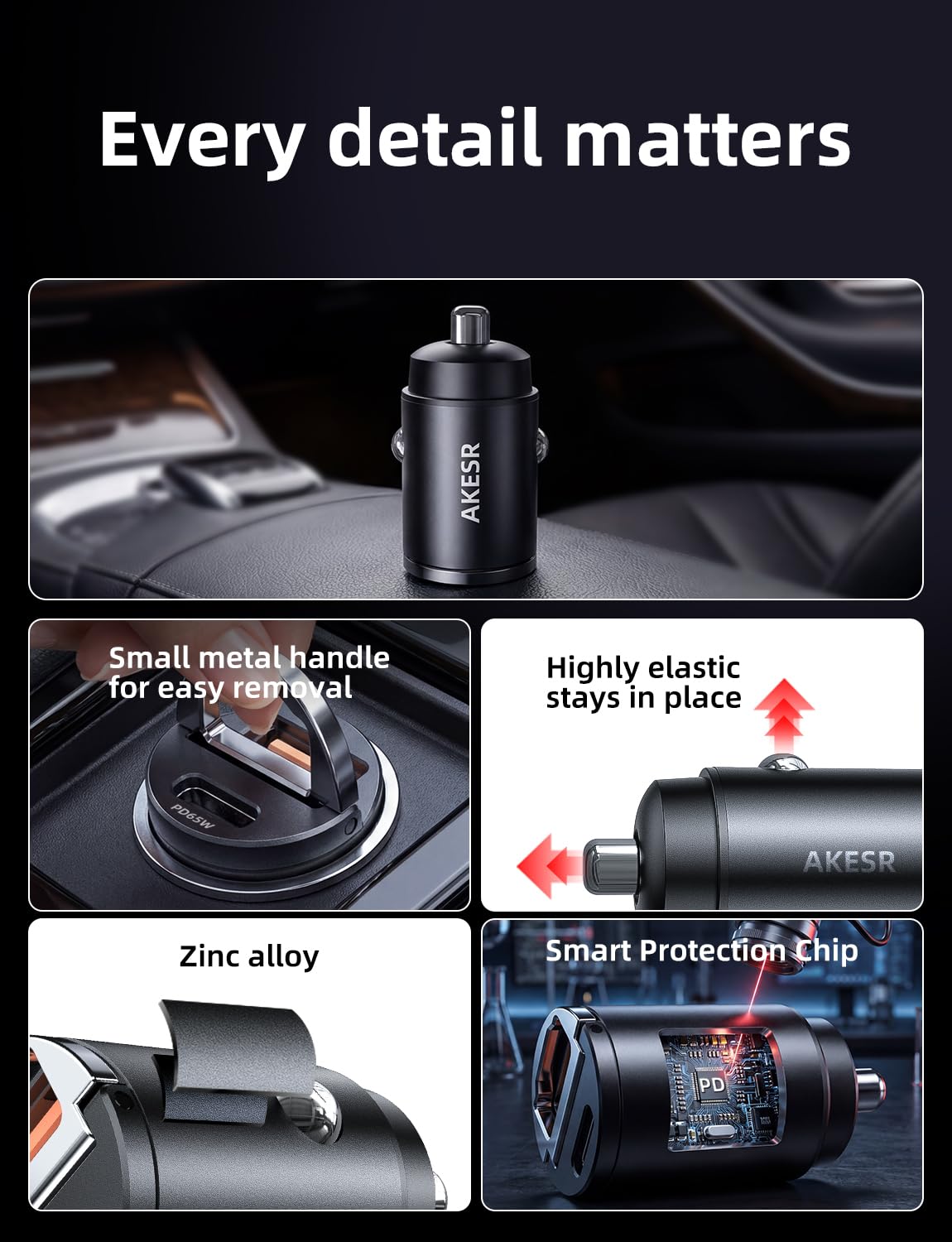 AKESR Cargador de coche de perfil bajo de 65 W, carga rápida USB C de 12 V y 24 V | Para iPhone/17/16/15/14/13 Samsung S25 S24 S23Google Android