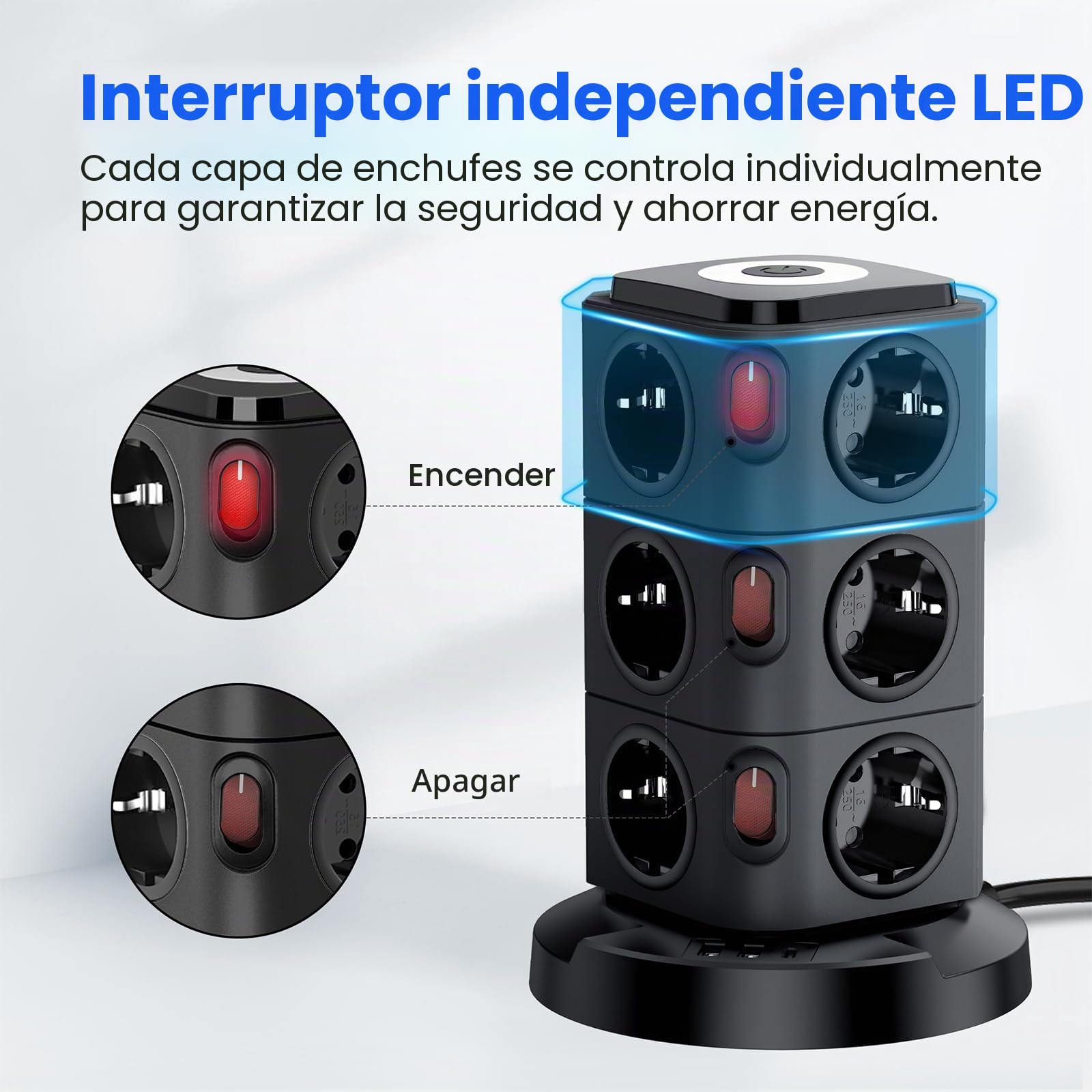Acodot Torre Regleta Enchufes Vertical, Regleta USB 12 Tomas de AC y 3 USB Enchufe Multiple, Regletas Enchufes Proteccion Sobretension, 5M Regreltas Vertical con Interruptor para Mesa Oficia Casa