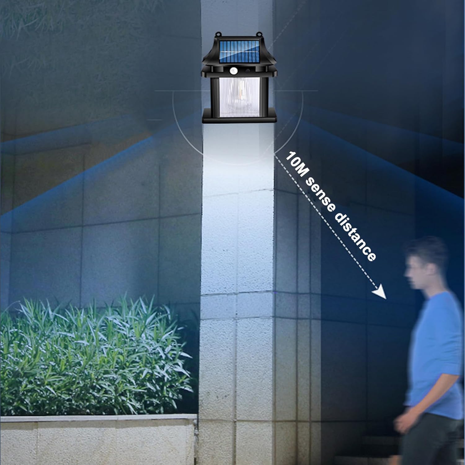 Diagram showing a person walking past the solar light, illustrating a 10-meter sense distance for the motion sensor
