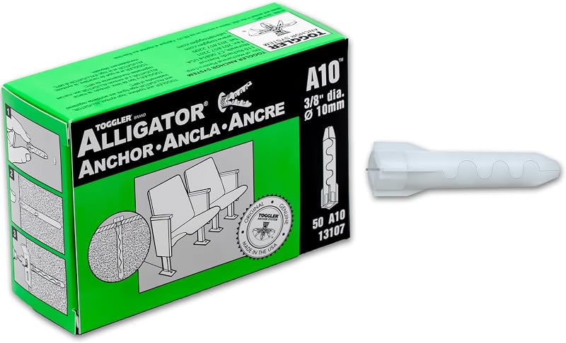TOGGLER Alligator A10 Flush Mount Anchors, Pack of 50, Screws not Included | Polypropylene flush-mount anchors for concrete, brick, stone and drywall. Fits #10-#18 screws