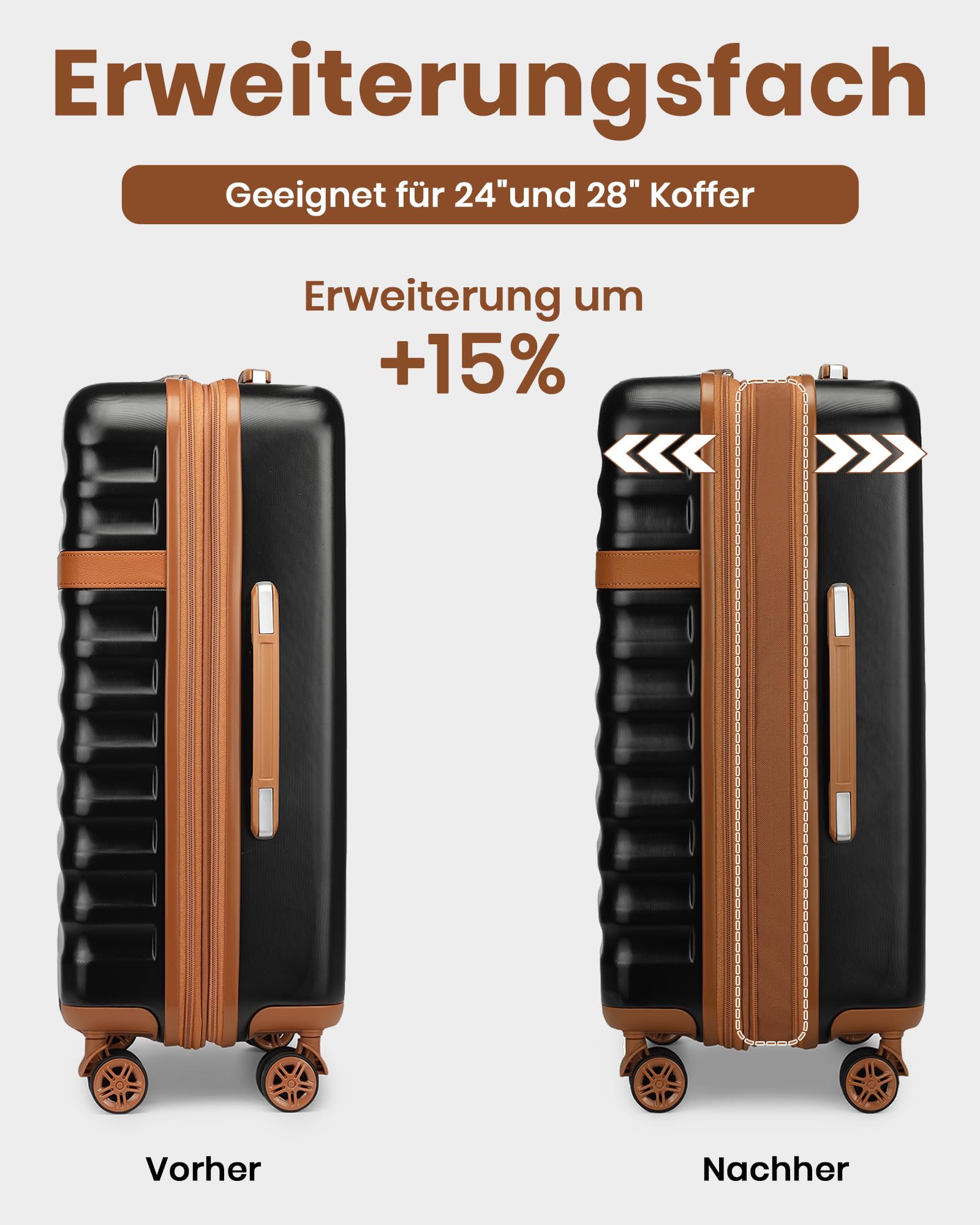 KONO Reisekoffer Set 3-teilig, Erweiterbar Hartschalenkoffer Mittelgroß mit 4 Rollen und TSA Schloss, leichte ABS+PC Trolley inkl Reisetasche und Kulturbeutel, ideal für Geschäftsreise, Schwarz/Braun