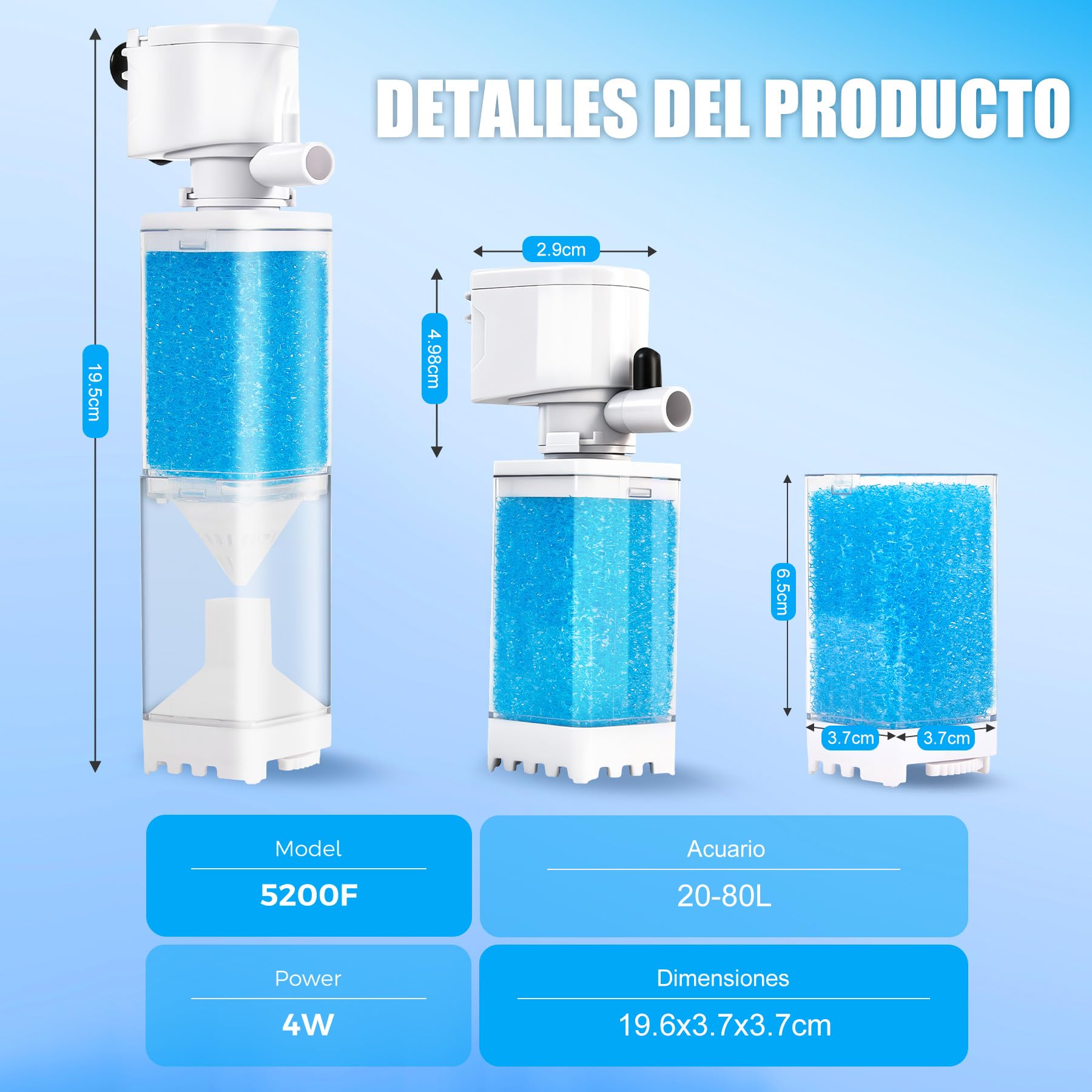 Vehipa Filtro Pecera 4W, Adecuado para Peceras de 20-80 litros, 350 L/H, con Flujo Ajustable y Efectos de Olas, Aislamiento de Impurezas, Circulación de Agua