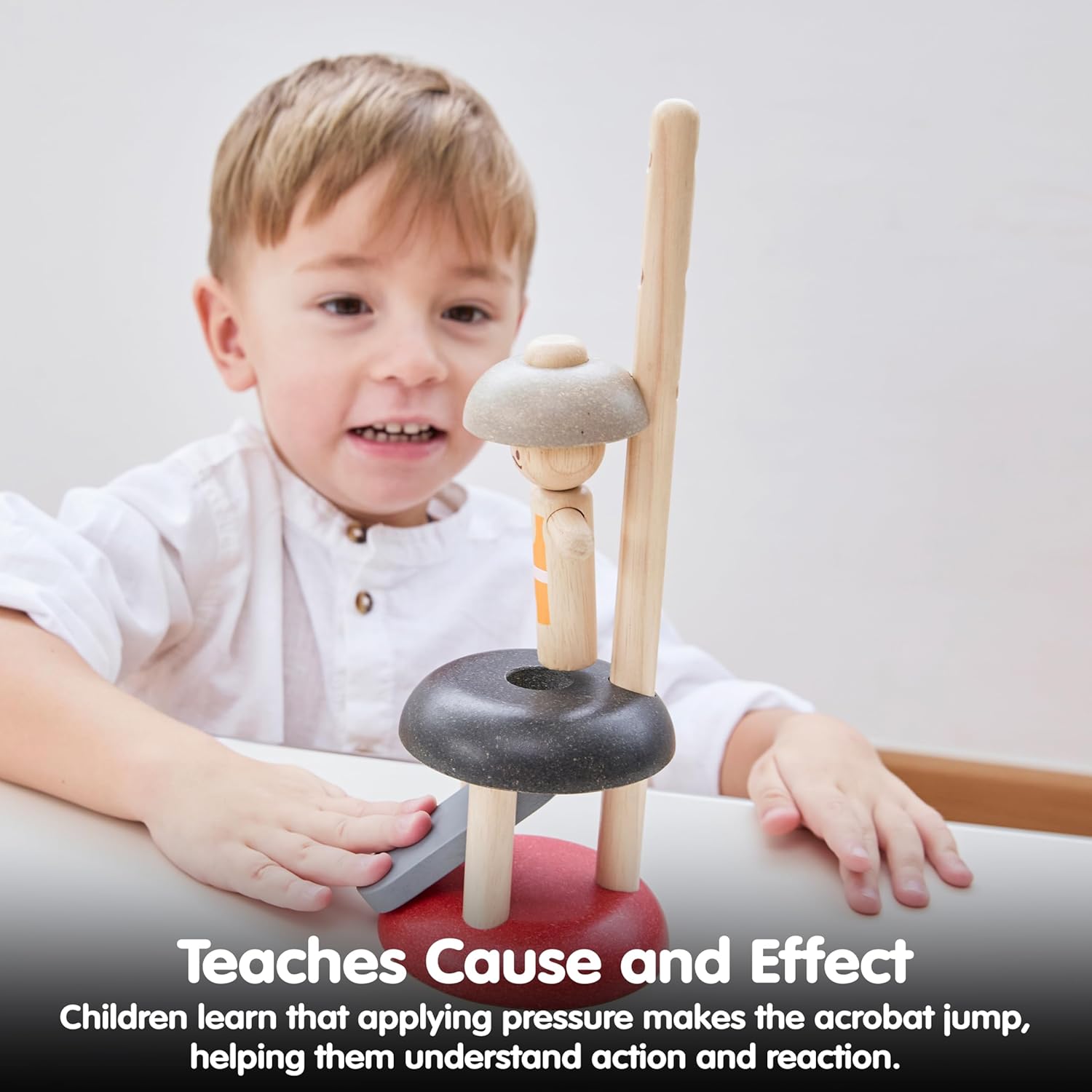 PlanToys® Wooden Jumping Acrobat Toy | Montessori Inspired Cause & Effect Toy for Force Control, Coordination & Reaction Play | Eco Friendly Push & Jump Learning Activity