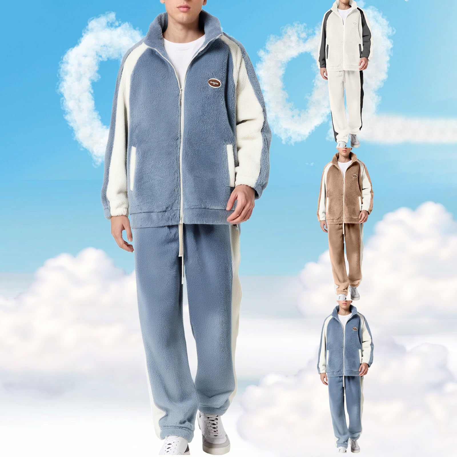 Generisch Hausanzug Herren Plüsch Schlafanzug Fleece Warmes Sweatshirt und Plüschhose Set mit Reißverschluss Pyjama Zweiteiliger Loungewear Winter Nightwear Freizeitanzug für Zuhause