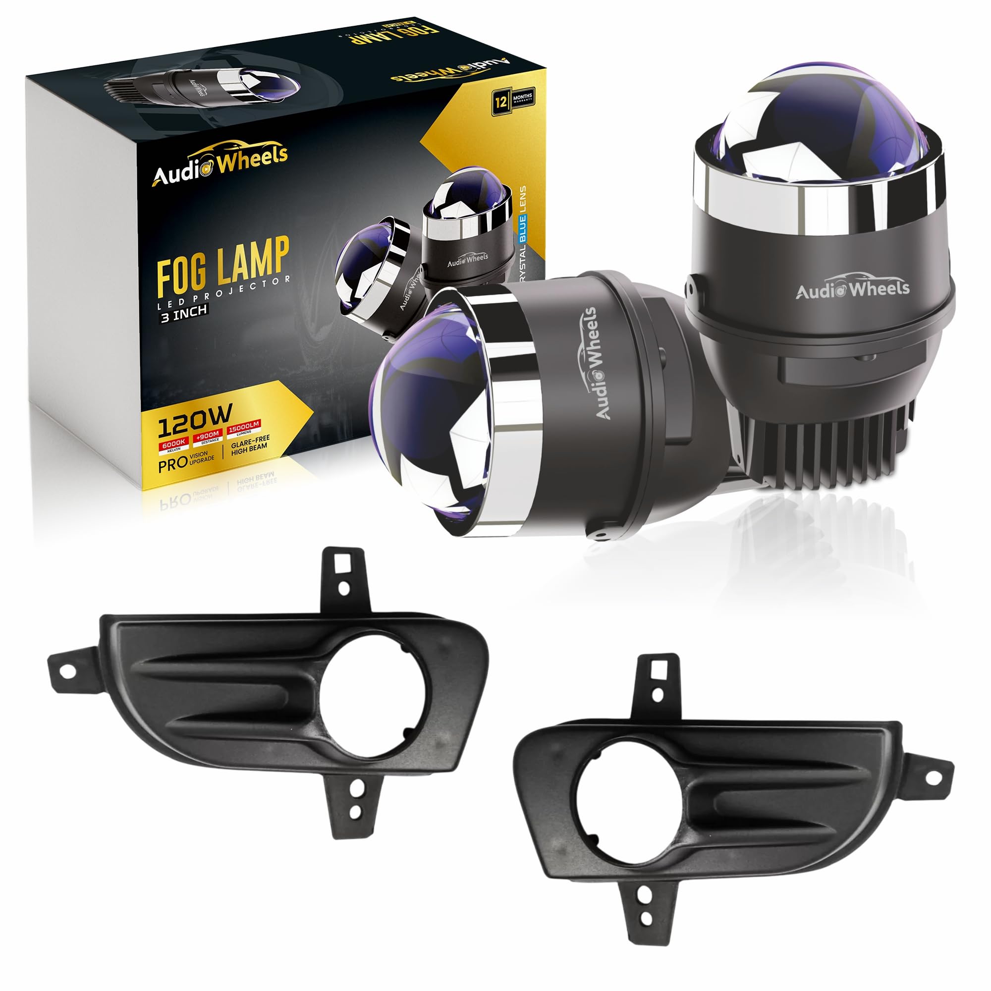 Audio Wheels 3" LED Projector Fog Lamp with Cover - 120W, Tri-Color (White/Warm/Yellow) | with Blue Tint Film | 12V/24V Fog Light for Car & Vehicle Modification | For Mahindra Bolero Neo/Scorpio-image-17