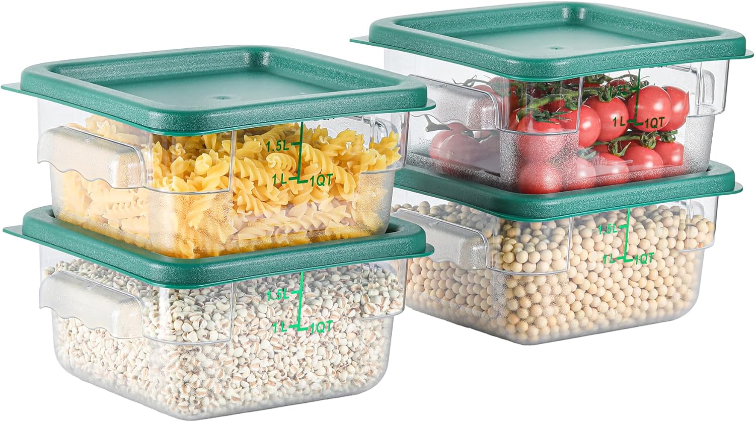 EGGKITPO 4 Pack 4 QT Food Storage Containers with Blue Lids Hot Cold Resistant Stackable Square Commercial Container Set with Handle, Clear Scarle Home Party Food Organizion BPA-Free Polycarbonate