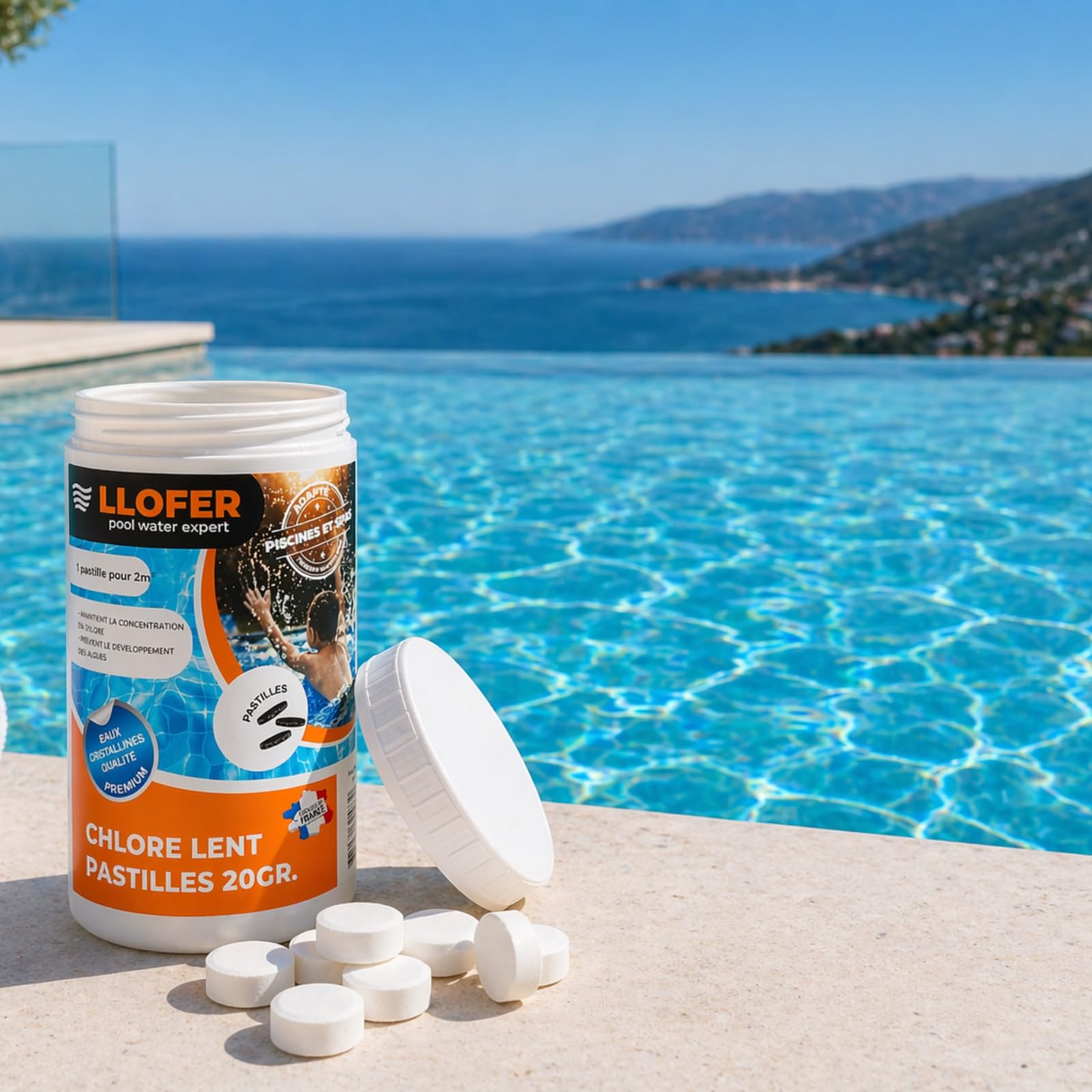 Chlore Lent Pastilles 20g Piscine et Spa, 90% Actif – Boite 1kg Désinfection Durable – Eau Claire et Saine,Chlore Permanent