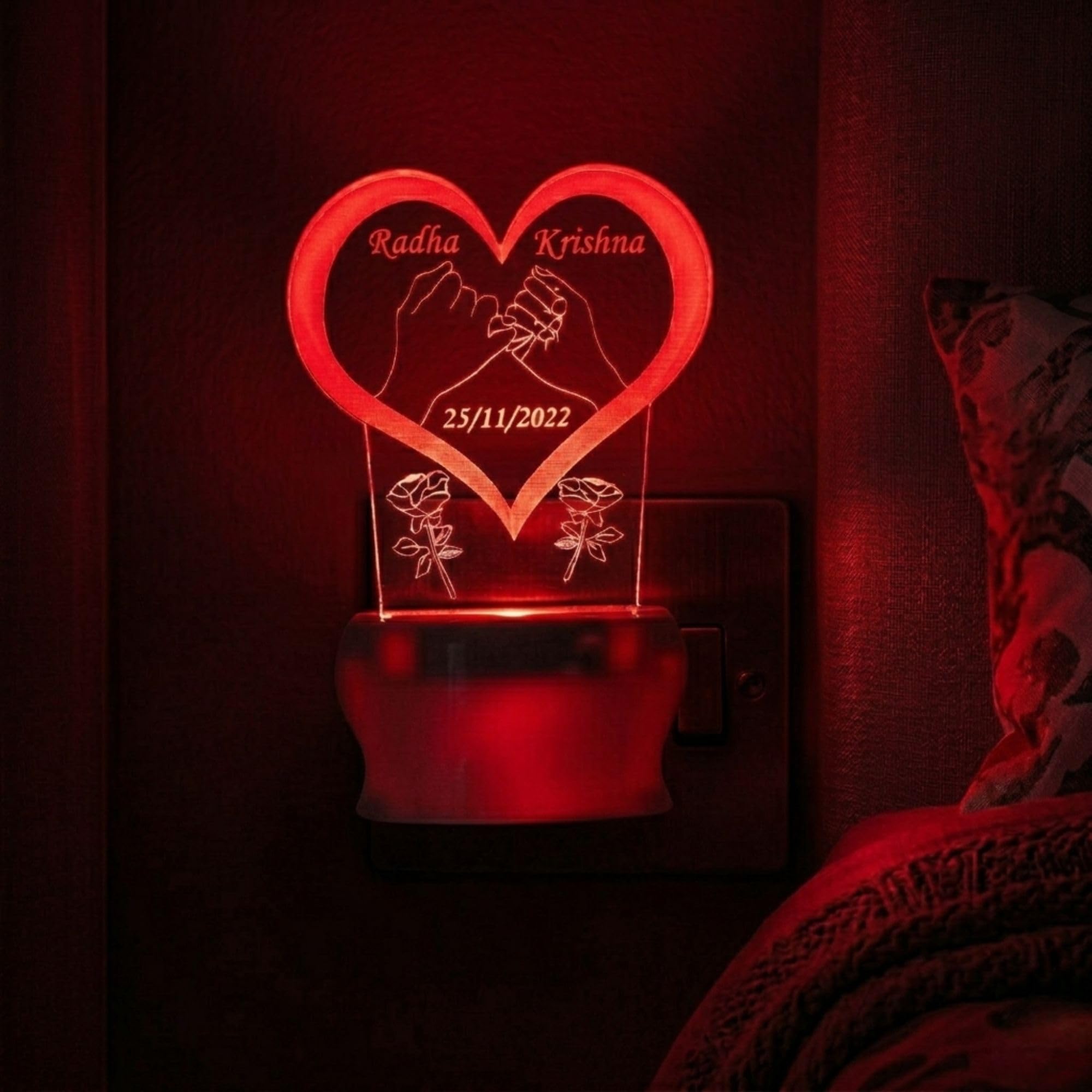 SHAYONA Personalized Couple Name And Date In Love Heart Acrylic 3D Illusion Plug In LED Night Lamp Gift For Couple,Valentine'S Day,Anniversary,And Birthday With Changing 7 Auto Colour-13CM.,Multicolor 3