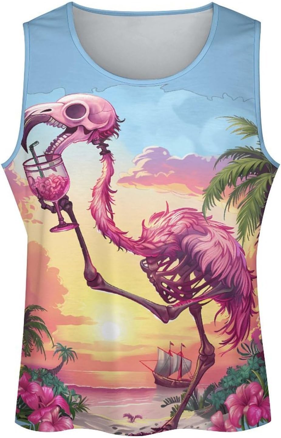 Tropical Skeleton Flamingo Men's Tank Tops Sleeveless Muscle Shirts for Men Lightweight Vest Crew Neck T-Shirts