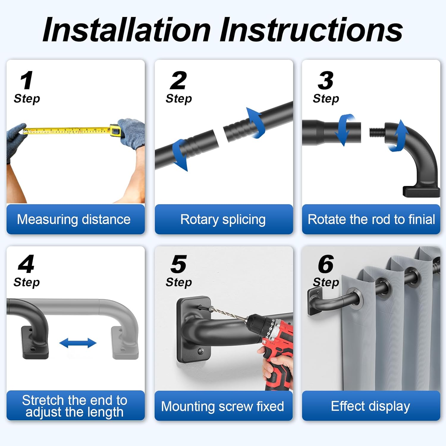 Curtain Rod for Windows 36 to 48 Inches, Blackout Wrap Around Curtain Rod for Bedroom, Living Room, 1 Inch Diamete Adjustable Drapery Rods,Matte Black