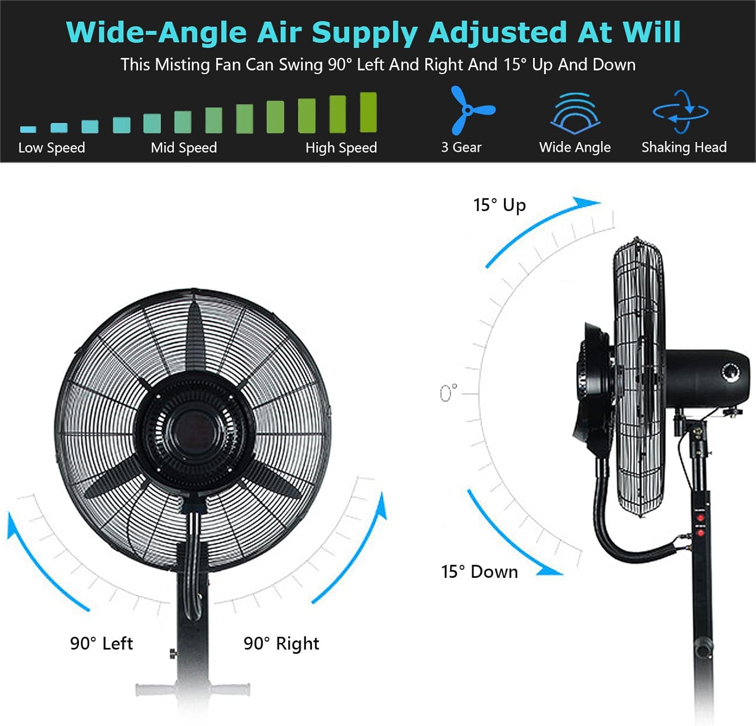 Outdoor Misting 90° Oscillating Pedestal Fan, 3 Speeds Waterproof Spray Cooling for Patio, Garden, Backyard, Garage, Barn, Workspace, Black,71cm/28in