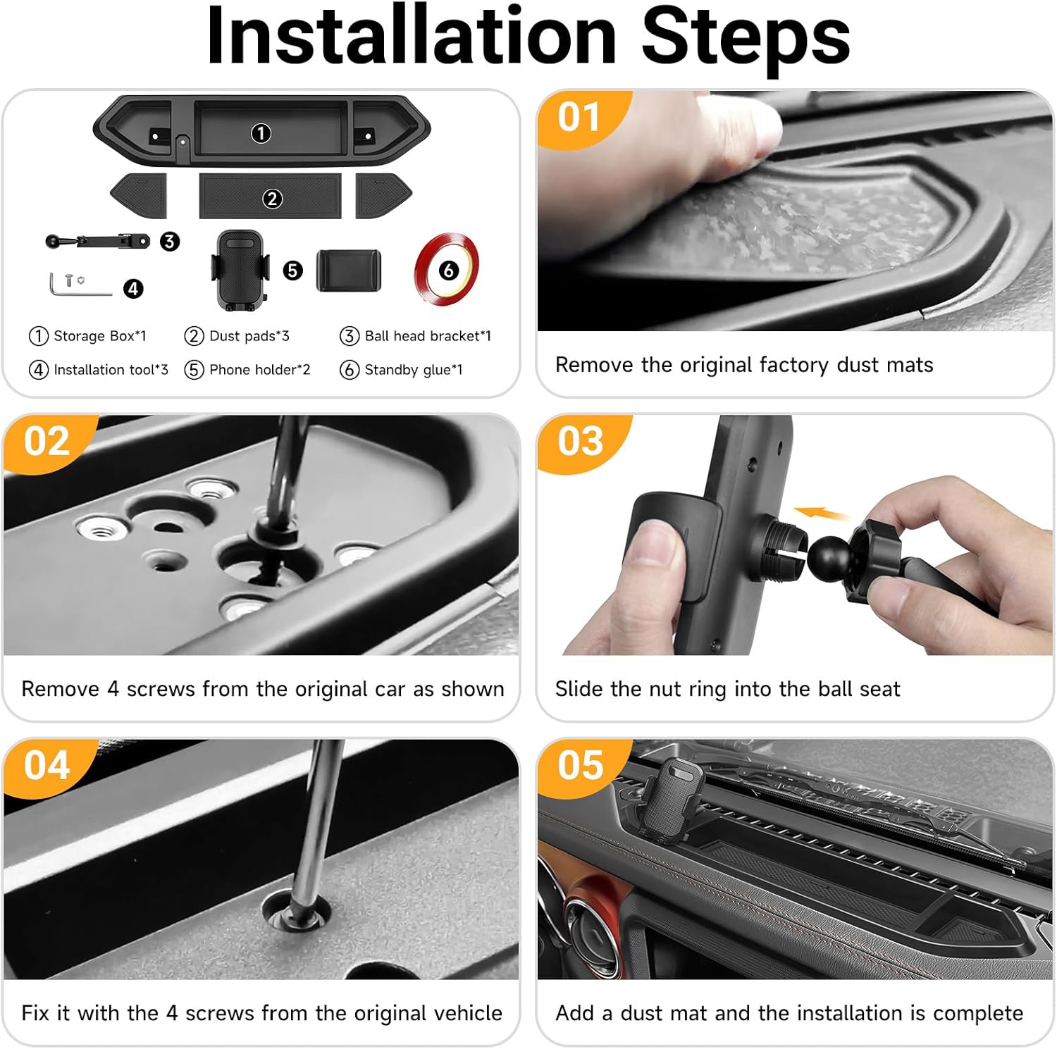 Phone Mount Holder for Jeep Wrangler JL JLU 2018-2023 & Gladiator JT 2020-2023 Multi-Mount Phone Holder Dash Tray System Kit with Extension Arm Metal Rod Accessories(Not for Oil-Electric 4xe)