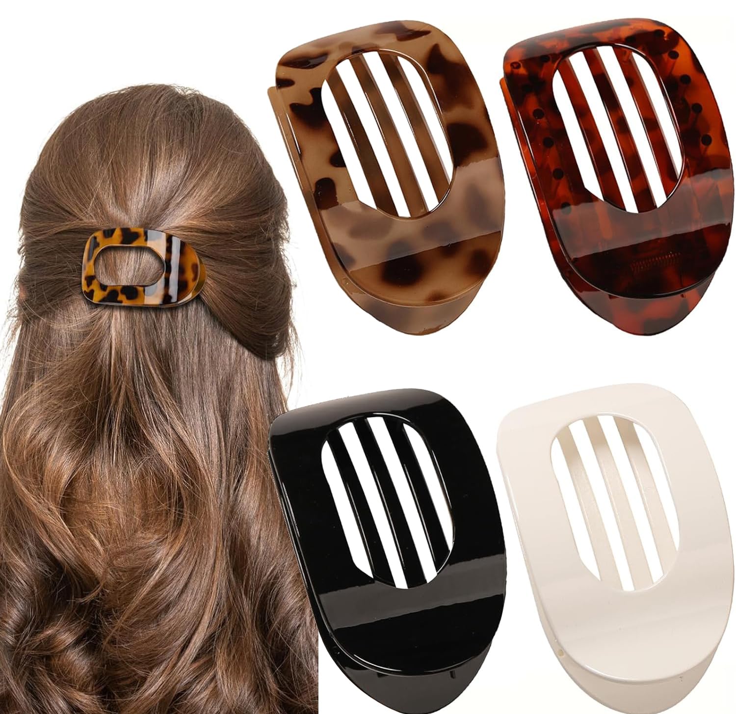 4 PCS Flat Claw Clips for Women, French Design Flat Hair Claws, Ergonomic Curved Claw Clips for Thick Thin Curly Hair, Strong Hold No Slip Grip Hair Clips, Cute Hair Jaw Clips Nonslip Clips