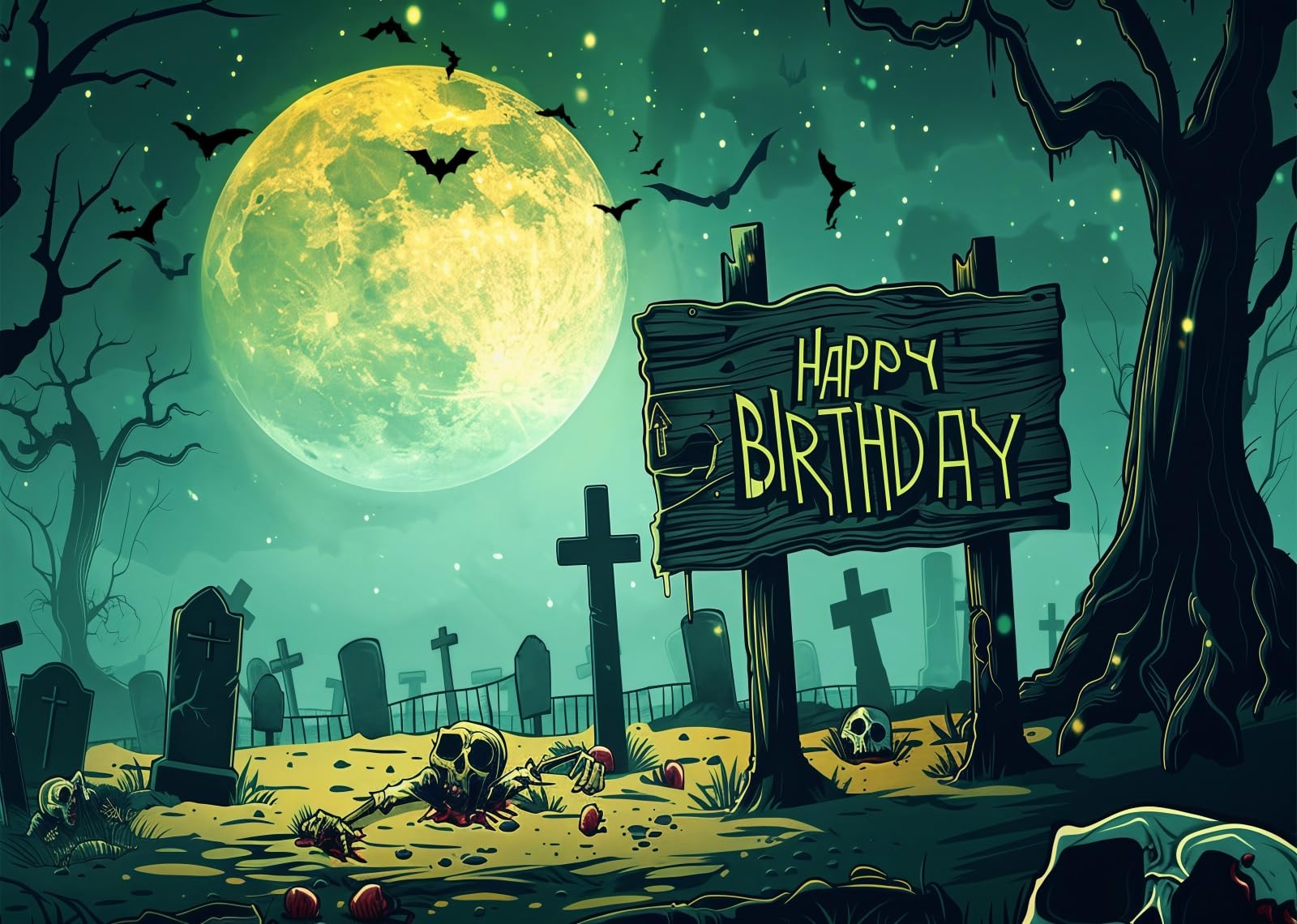 17x10FT (5.2x3m) Letrero Cumpleaños Cementerio Lunar Telón Fotográfico | Cementerio De Dibujos Fondo De Tela,Cartel De Madera Cruces Y Huesos,Fiesta Infantil,Retratos De Estudio,Photo Booth