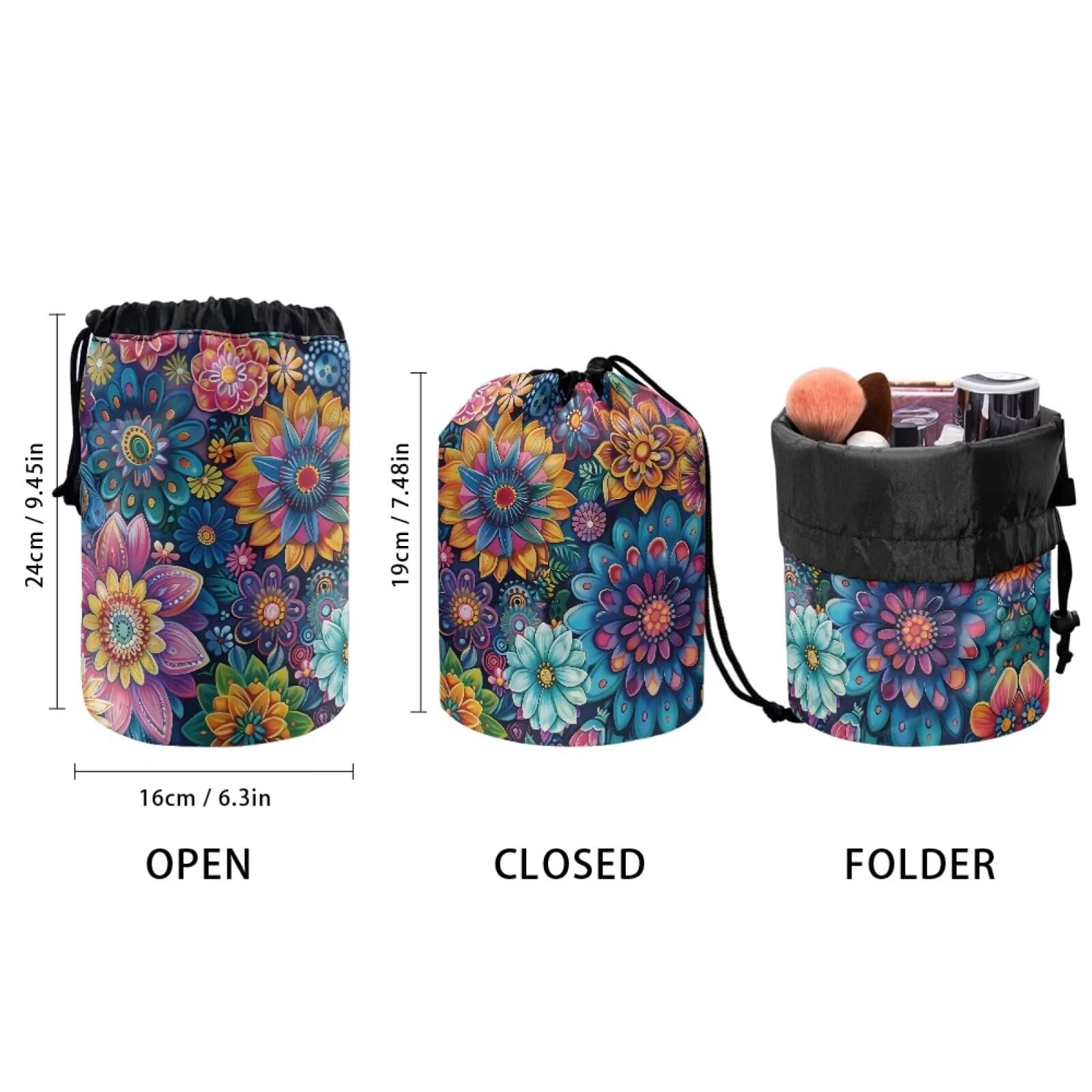 chaqlin Hippie Lotus Print Travel Cosmetic Bags Barrel Makeup Bag,Women Girls Portable Foldable Cases Multifunctional Toiletry Bucket Bags Round Organizer Storage Pocket - Image 2