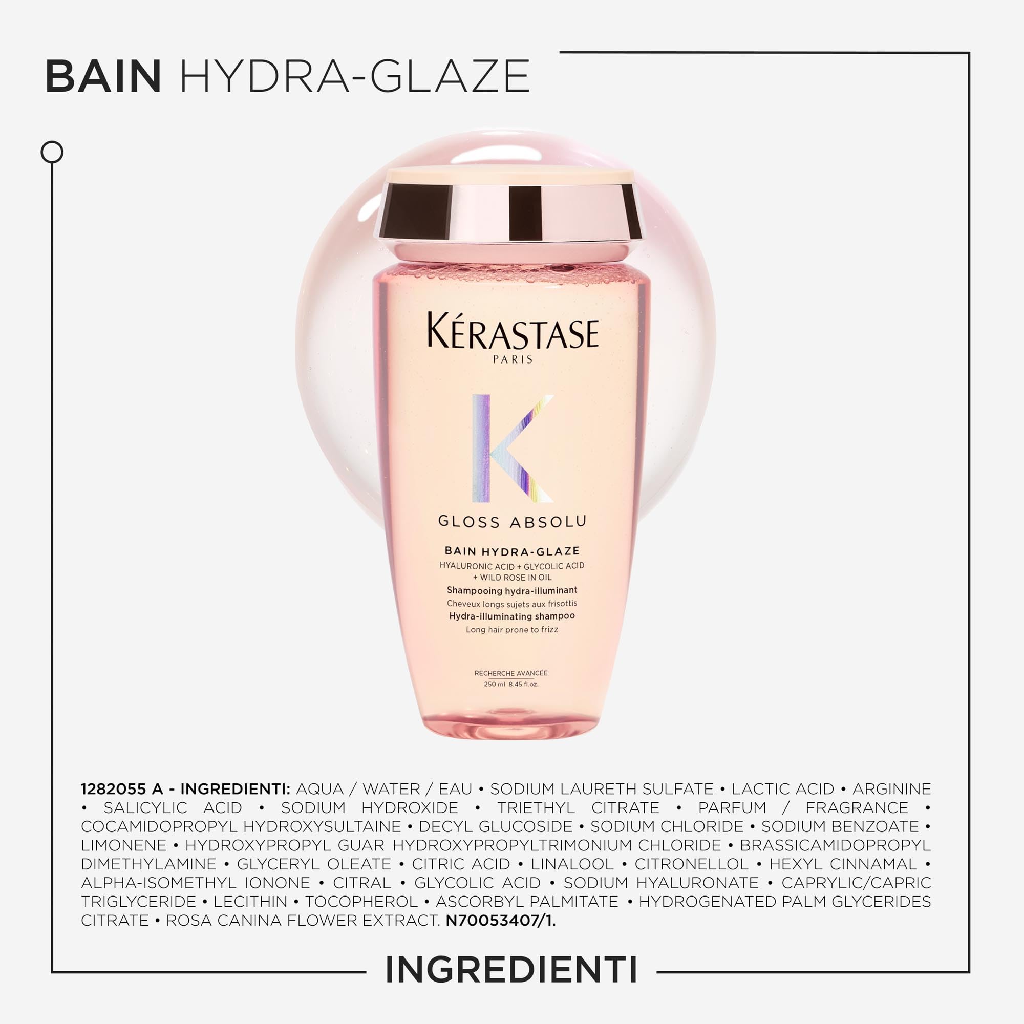 Kérastase Gloss Absolu, Shampoo per Capelli Crespi, Con Acido Glicolico, Acido Ialuronico e Olio di Rosa Canina, Bain Hydra-Glaze, 250ml