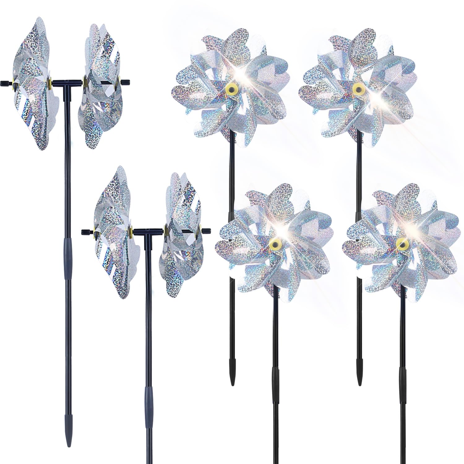 BATTIFE Preassembled Reflective Pinwheels for Yard &amp; Garden, Silver, 6 Pack