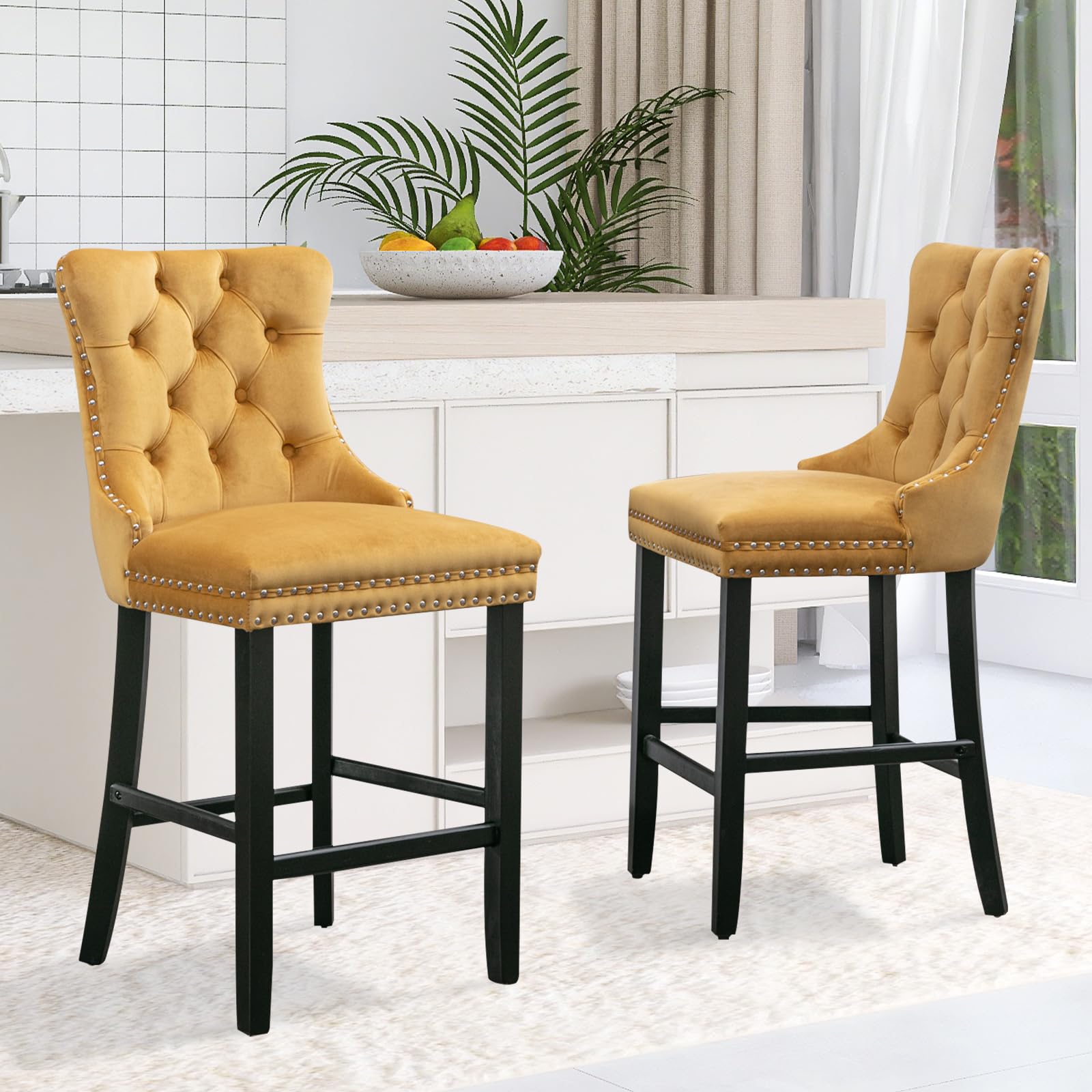 SoarFlash Modern Velvet Upholstered Bar Stools Set of 2 with Wood Legs, Button Tufted,Chrome Nailhead, Counterstool Seat, Armless Bar Chairs (Gold)