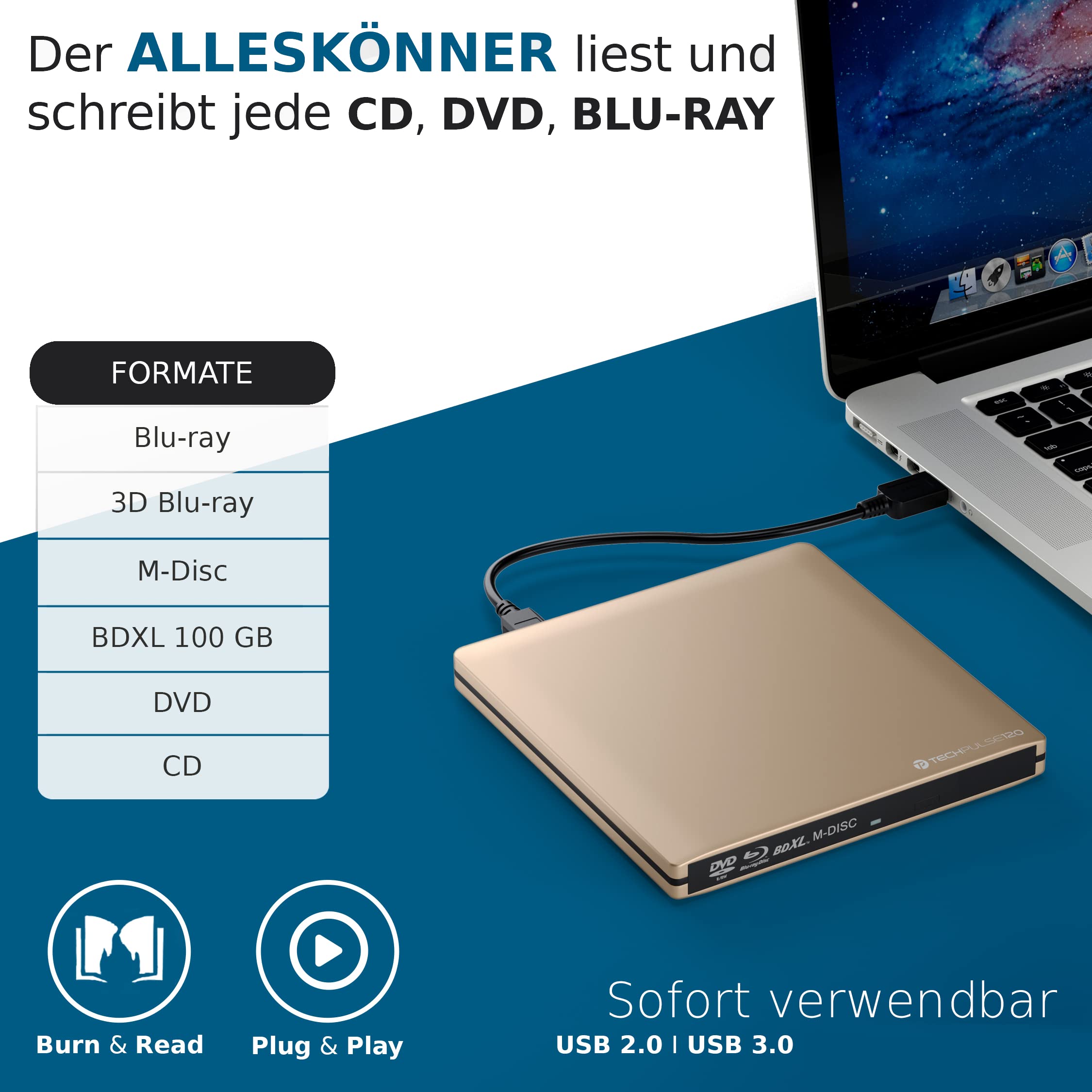 techPulse120 USB 3.0 3D Externer Blu-Ray Brenner Burner M-Disc BDXL Superdrive Blueray Rom Laufwerk BD DVD CD Slim für Computer PC Notebook Ultrabook Windows MacOS Apple iMac MacBook Pro Air Alu Gold