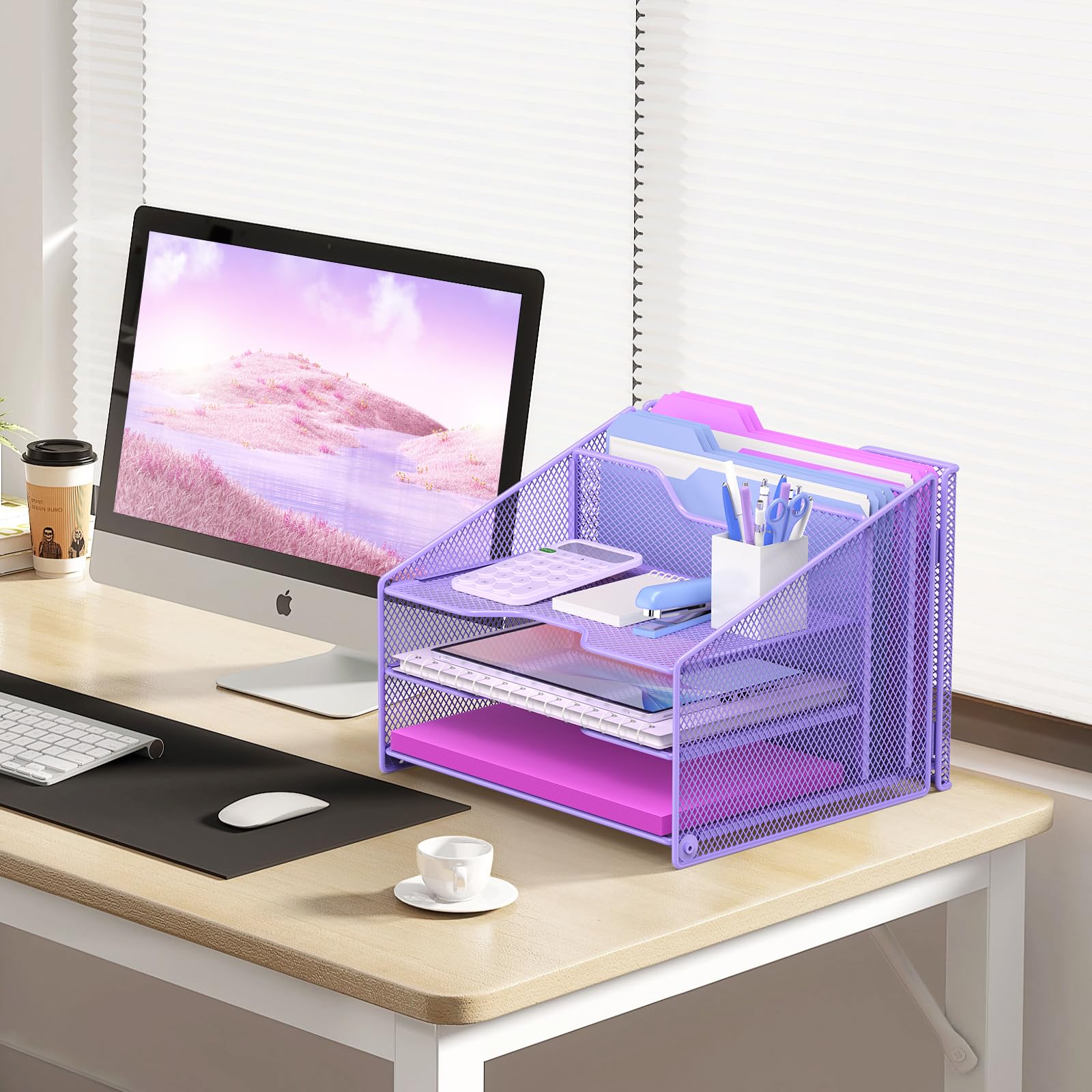 Samstar Purple Desk File Organizer, Mesh Letter File Folder Holder with 3 Paper Trays and 2 Vertical Upright Section, for Office Supplies, Desk Accessories & Workspace, Purple view 3