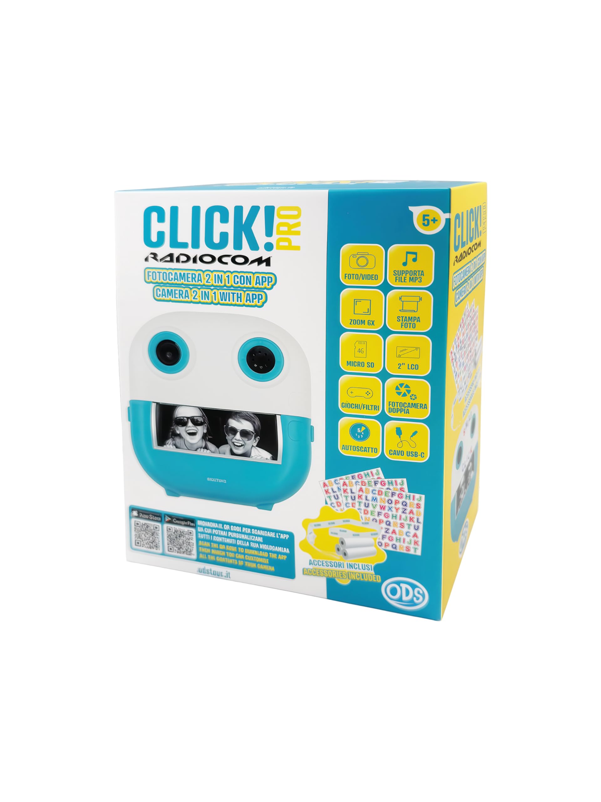 Click! 4 - Fotocamera istantanea per bambini - Doppia fotocamera - Stampa foto e disegni da App - Video 1080p - Zoom 6x - Giochi - MP3 - Display 2" LCD - microSD 4GB - Accessori inclusi
