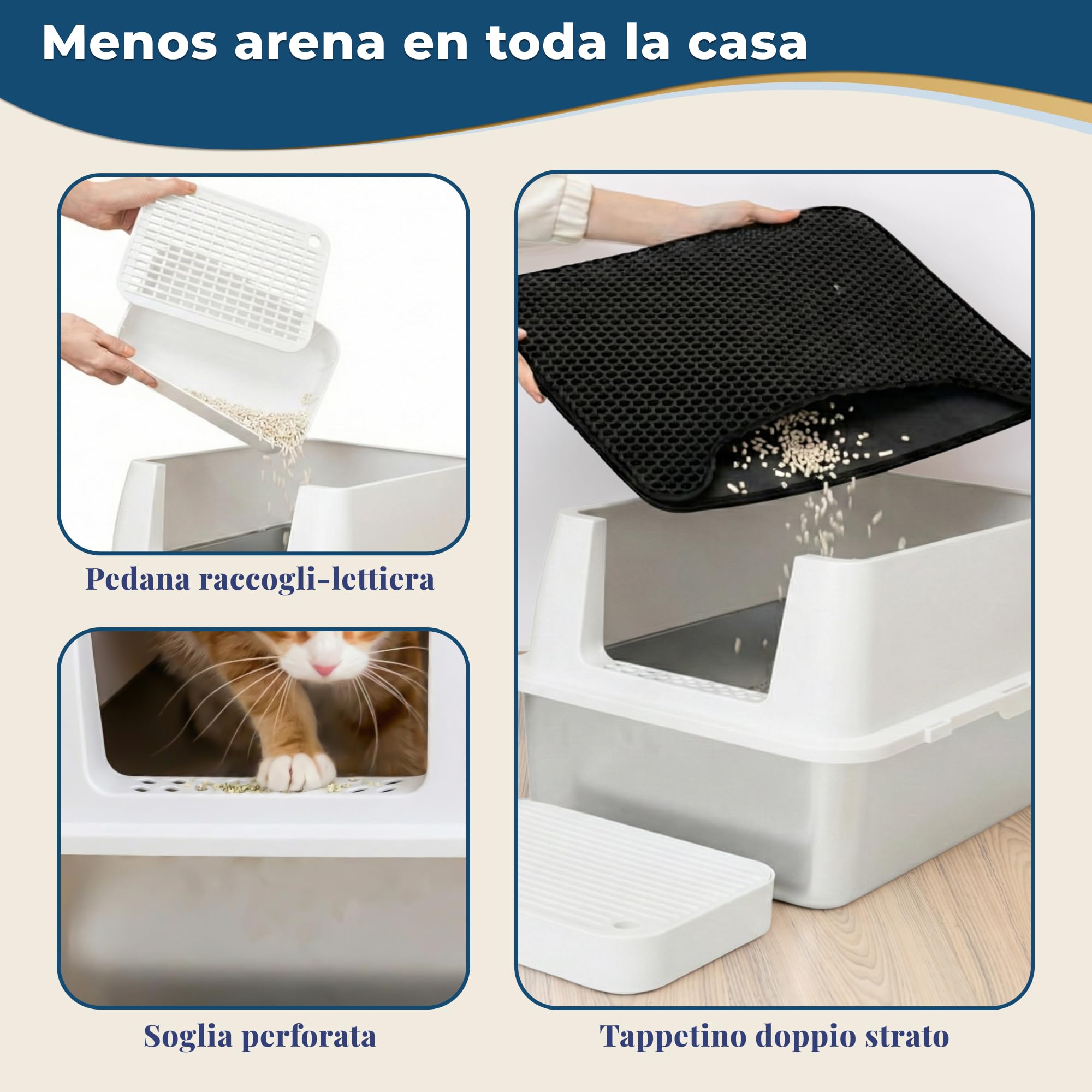 Arenero Gato Acero Inoxidable XXL – Arenero Acero Inoxidable Cerrado de Doble Entrada con escalón, Pala y Alfombrilla – Fácil de Limpiar, antiolores, Caja de Arena para Gatos Grandes - Beige