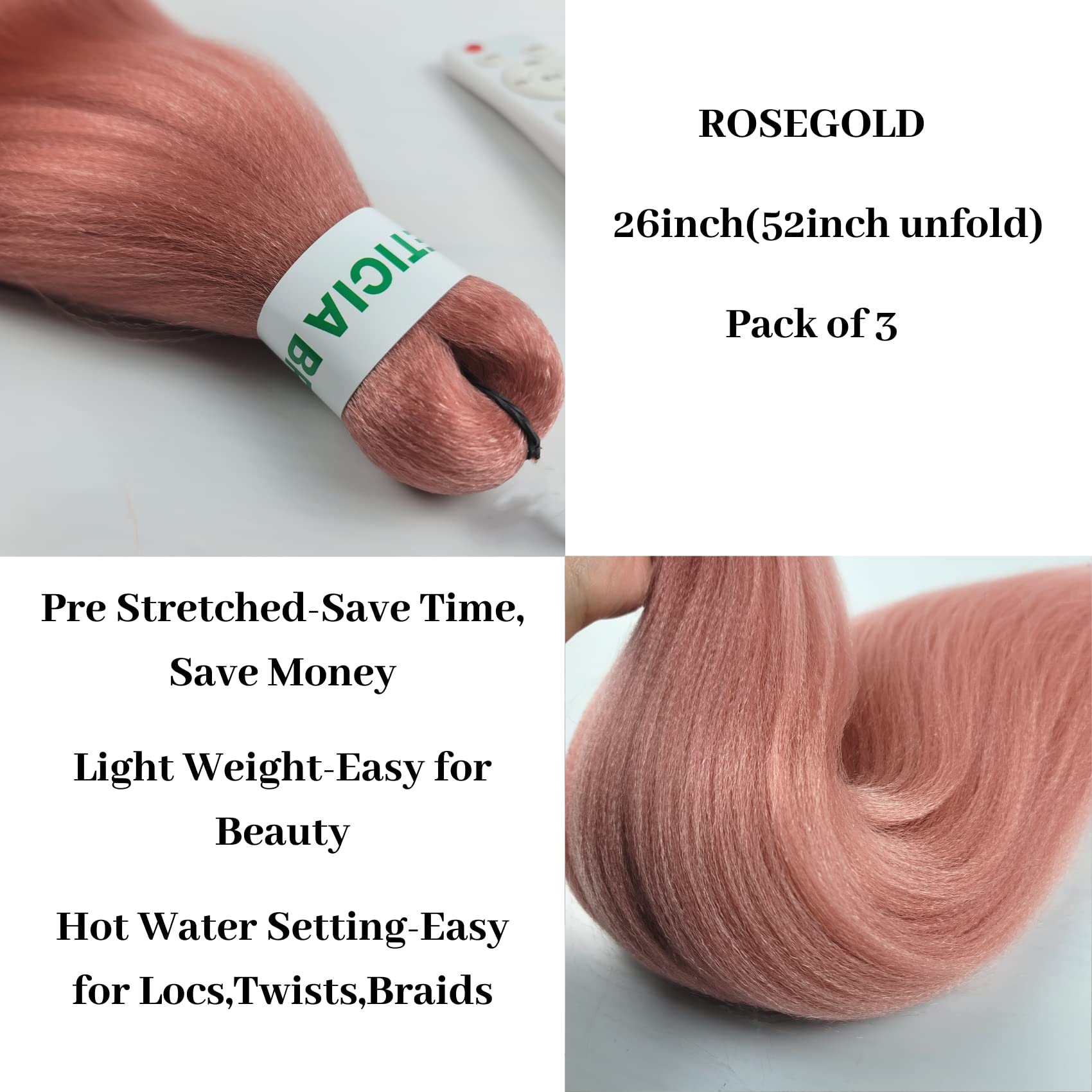 Leticia Braiding Hair Pre stretched Rosegold Pink Prestretched Braiding Hair Extensions Hypoallergenic|Synthetic|Knotless|ez Braid|Non Toxic|Itch Free|26 Inch