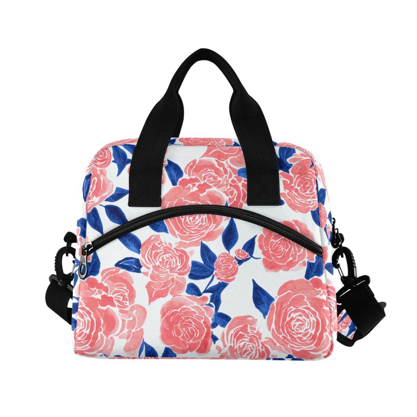 Sinestour Insulated Lunch Bag Reusable Cooler Rose Blue Leaves Lunch Box Adjustable Shoulder Strap for Adults Men Women