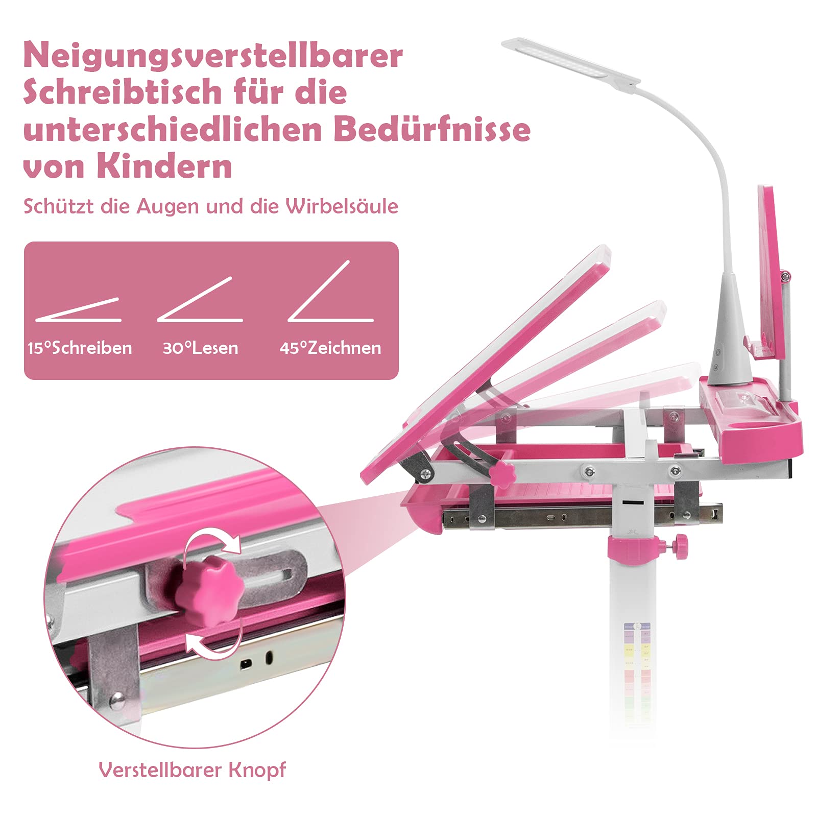 COSTWAY Kinderschreibtisch Set mit Bücherständer & LED-Licht, höhenverstellbarer Kindertisch und Stuhl mit gekippter Tischplatte & Schublade, Kinder Schreibtisch für Jungs & Mädchen (Rosa)