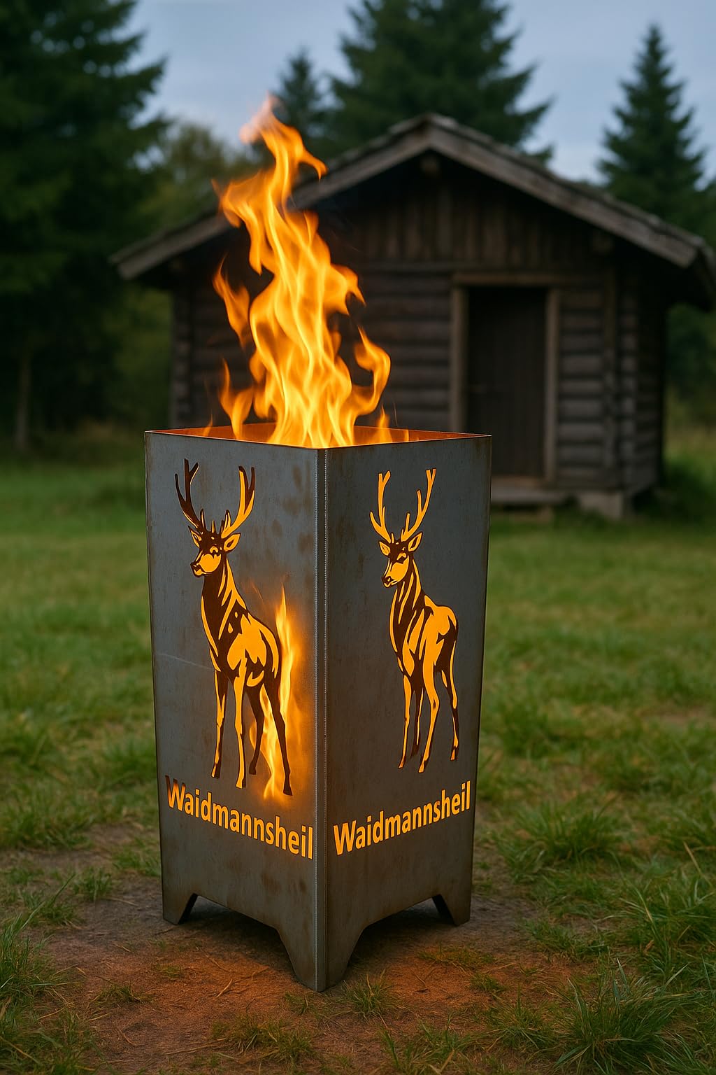 Massiver Stahl Feuerkorb Waidmannsheil – 37x37x75cm – 3mm Blechstärke, Komplett verschweißt – Inkl. Aschewanne & Gitterrost – Jagd-Motiv Hirsch