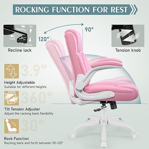 Miniatura 7 de Silla de cuero PU con soporte ergonómico lumbar, gira 360, pequeña, ruedas, reposabrazos ajustables, para gente chaparra, para escritorio,