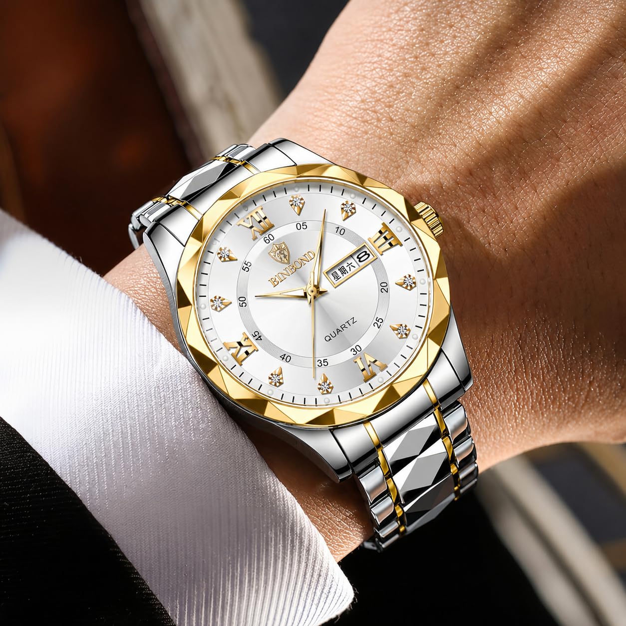 Gosasa Reloj analógico de cuarzo para hombre y mujer, de acero inoxidable, con números romanos, resistente al agua, con calendario, fecha, color dorado y plateado