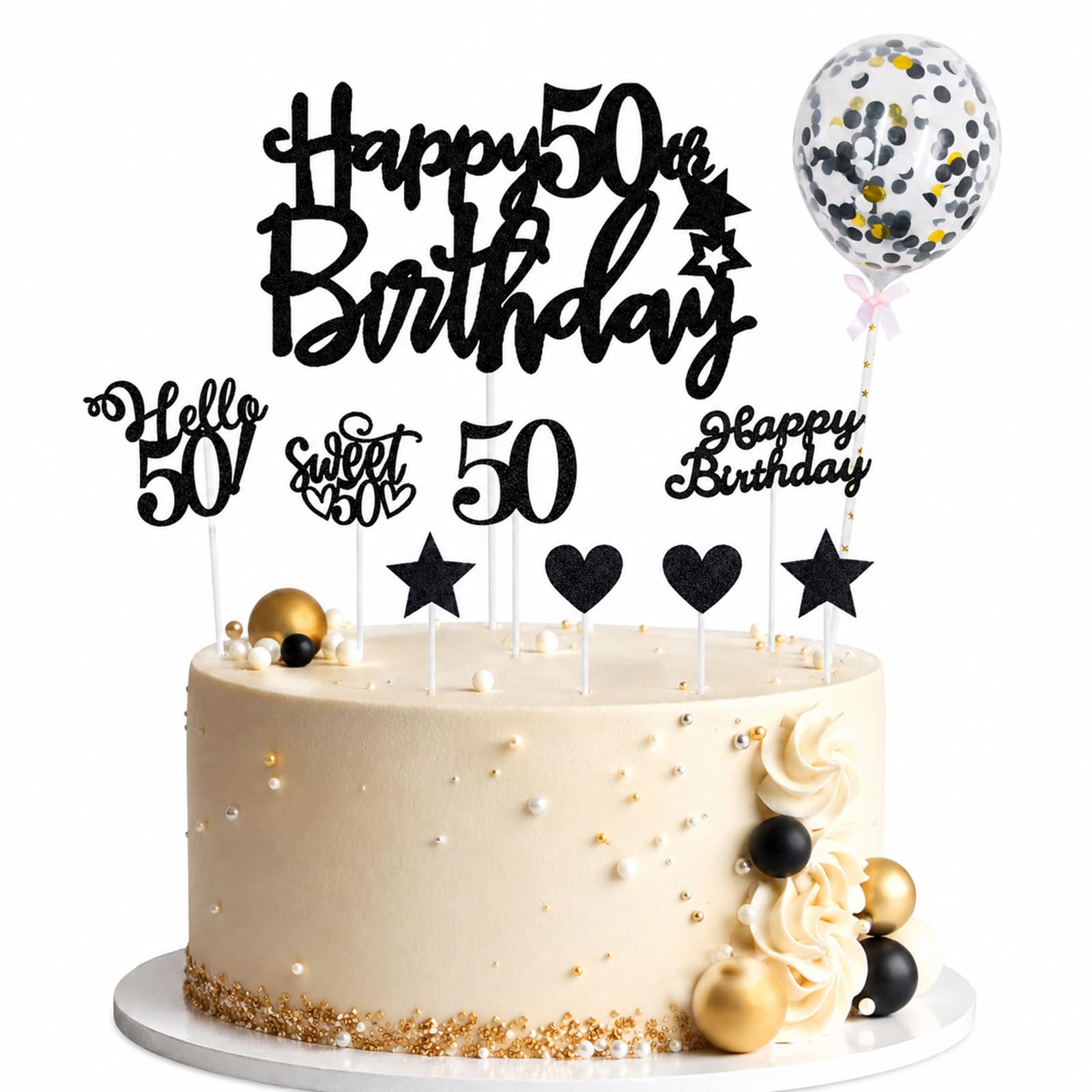 ALLAVA Happy 50th Birthday Cake Topper, 10 Pcs Glitter Happy 50th Birthday Cake Decorations, Black 50 Cupcake Toppers for Women and Men, 50 Birthday Party Supplies