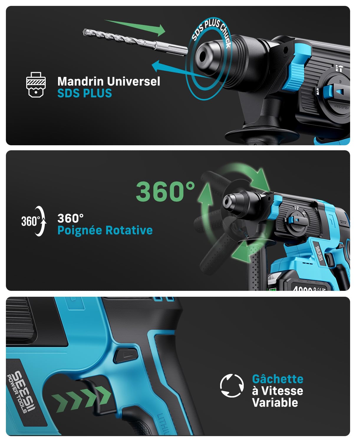SEESII 2,8J Marteau Perforateur Sans Fil, SDS Plus, Moteur Brushless, 4 en 1 avec 2 Batteries 4.0Ah (Compatible avec les batteries Makita 18 V), pour Béton et Rénovation, avec Forets, Burins