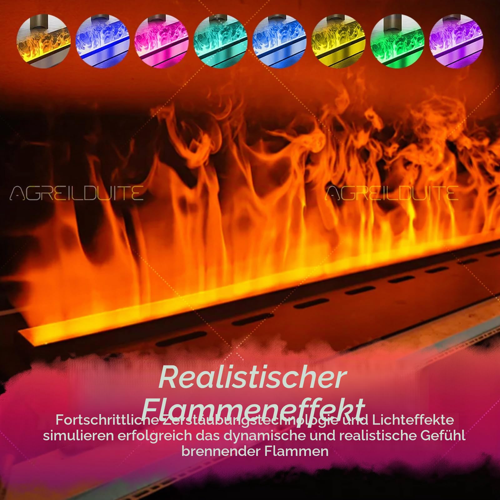 3D-Wasserdampfkamin, wasserdampf Kamin, Flamme In 9 Farben Einstellbar | 3D-Simulierte Flamme – Berührbarer Wassernebel, Einbau-Dampfkamin Mit Fernbedienung/App-Steuerung 150cm/59in