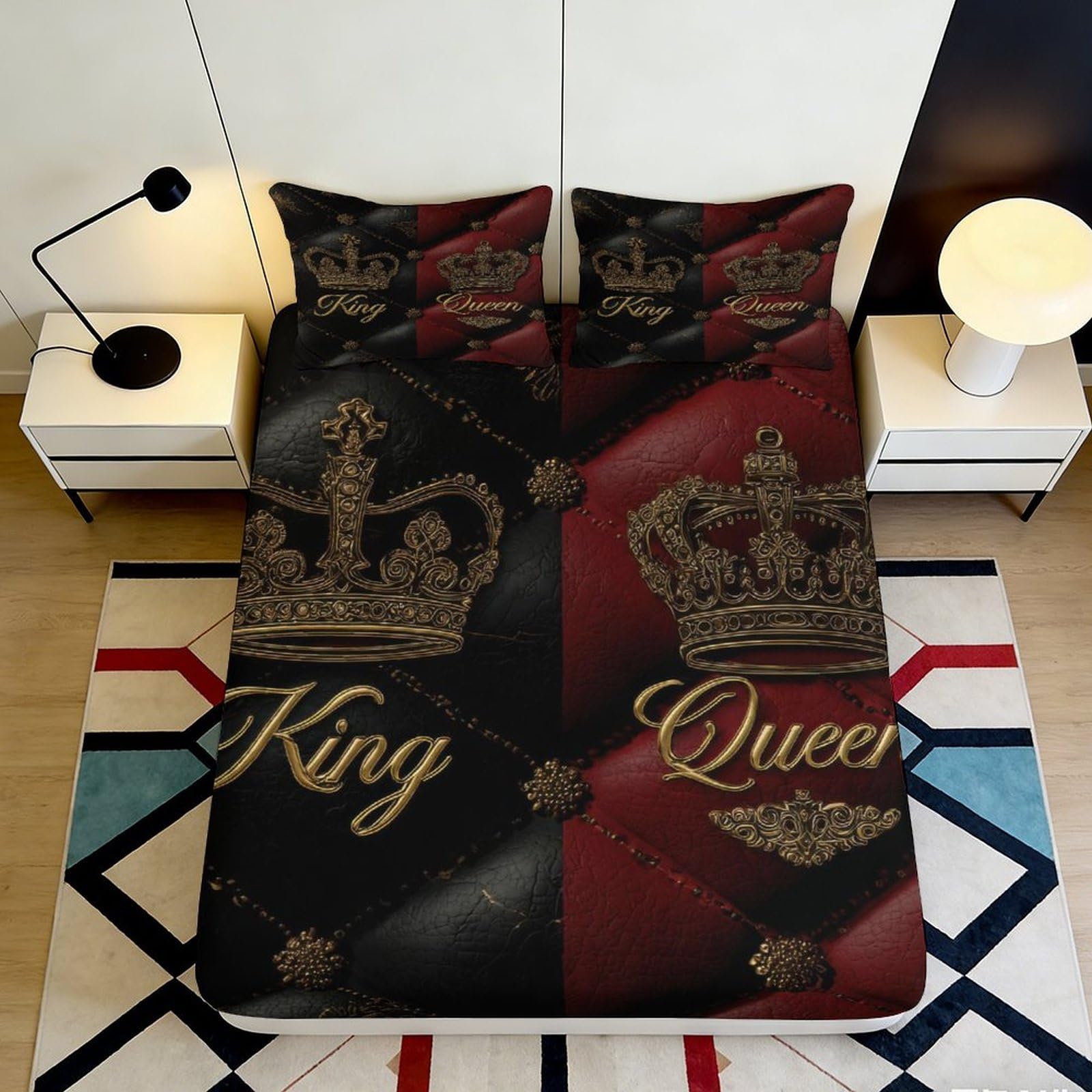 3D Printed Royal Crown Fitted Sheet Microfiber Soft Black Red King Queen Mattress Cover for Bedroom Guest Room Decor 90x200x25cm