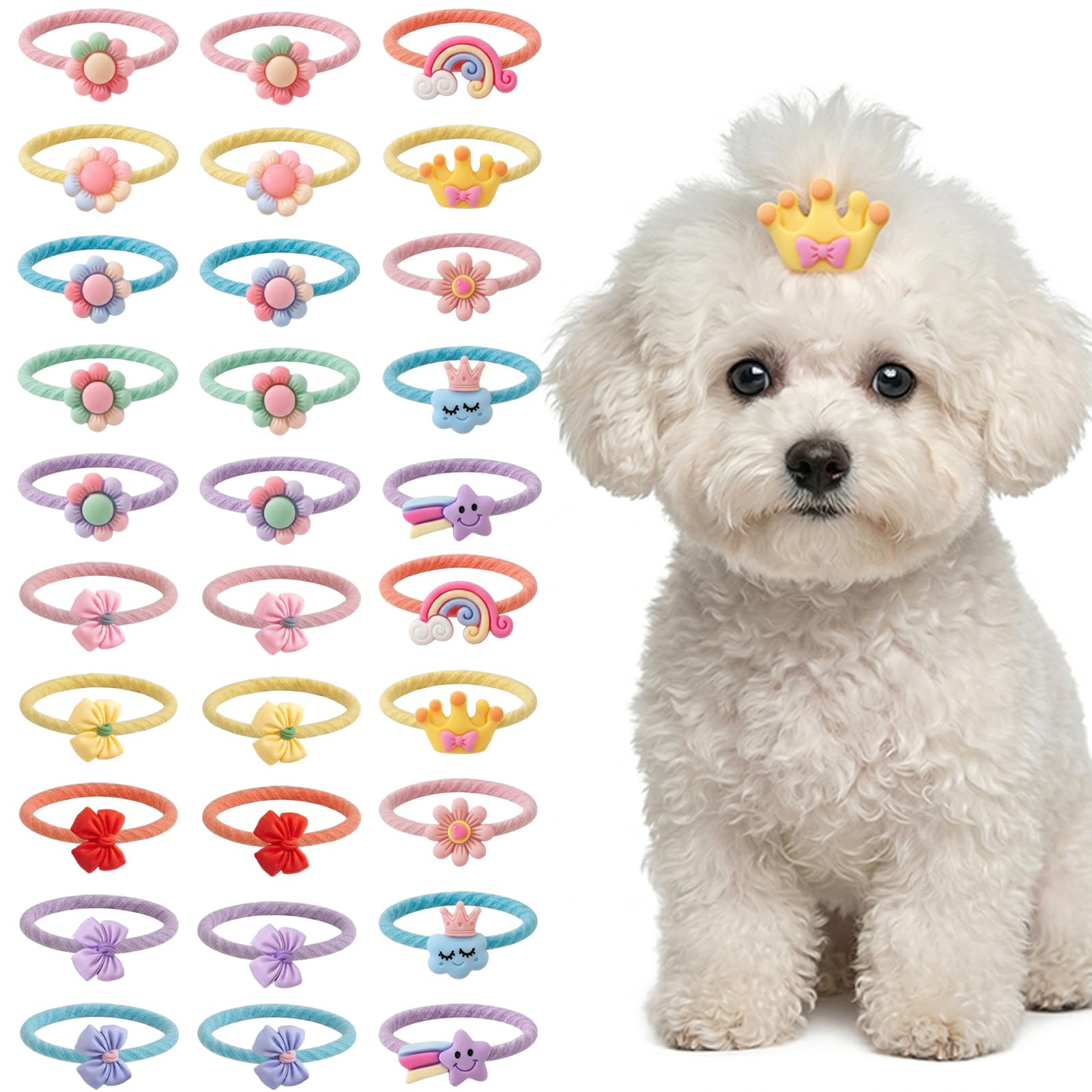 30 Pezzi Accessori per Animali Domestici, Fiocchi per Cani & Elastici per Cani, Papillon Cane con Corona Arcobaleno e Fiori per Cani Piccoli e Gatti