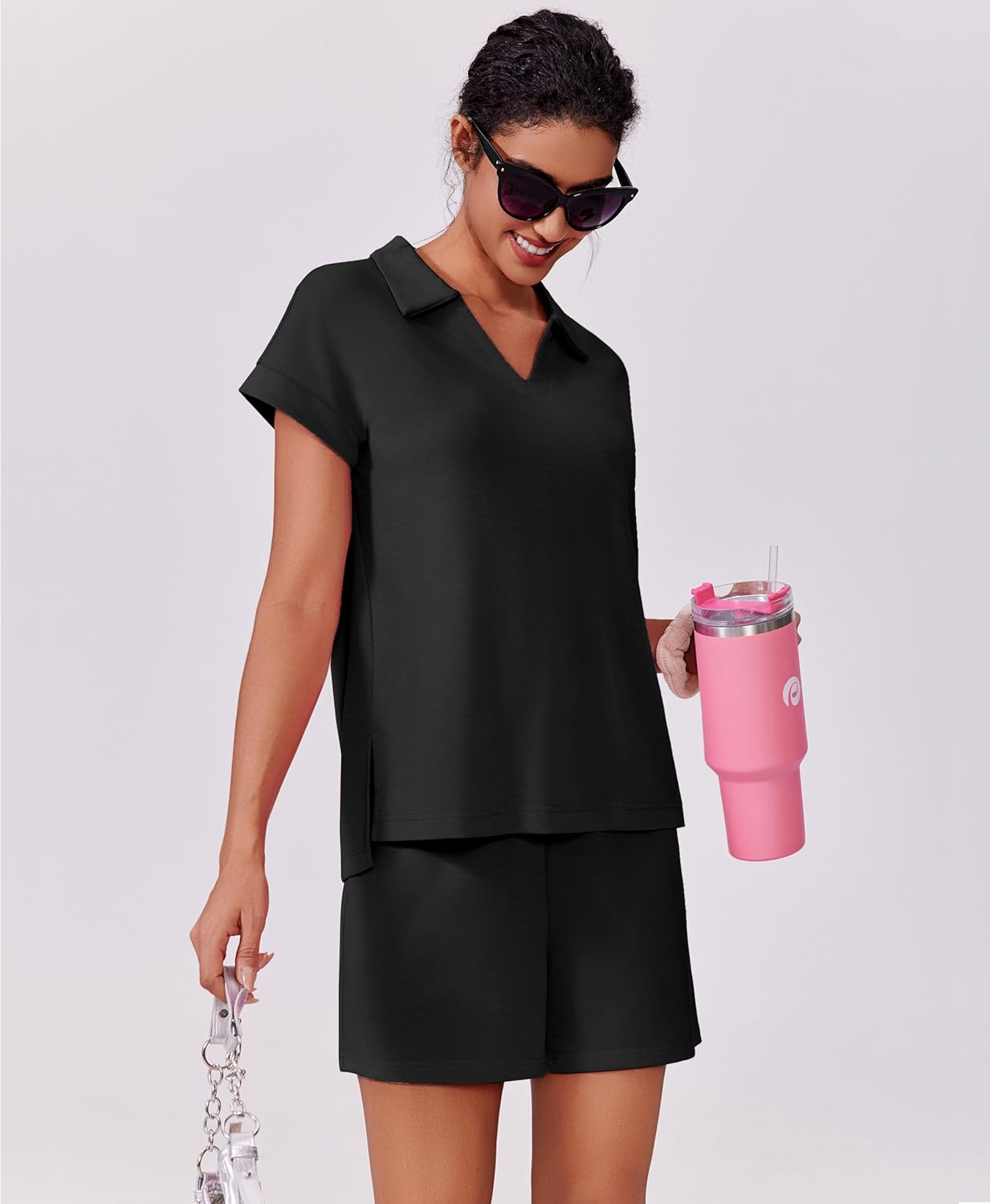 PINSPARK 2 Piece Sets for Women Summer Lounge Sets Short Sleeve Sweatsuit V-neck Tops and Drawstring Shorts Outfits Tracksuit - Image 3