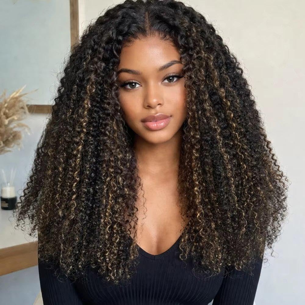 Haarpflege 7x5 Lace Glueless Human Hair Wig Highlight Ombre Brown Mit Blonden Verworrenen Locken Mit Kordelzug(16inches)