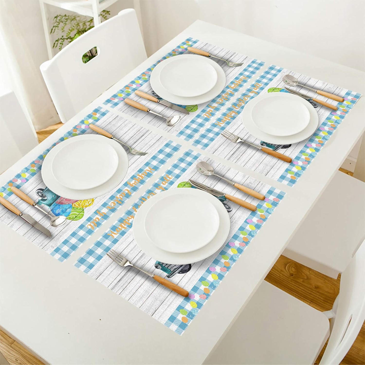 Flash Deals - 40% OFF Easter Truck Placemats Set of 6,Farm Blue Car with Colorful Eggs Placemat for Dining Table Decorations, Heat-Resistant Washable Table Mats for Kitchen Dinner Banquet Wooden Board and Buffalo Checker