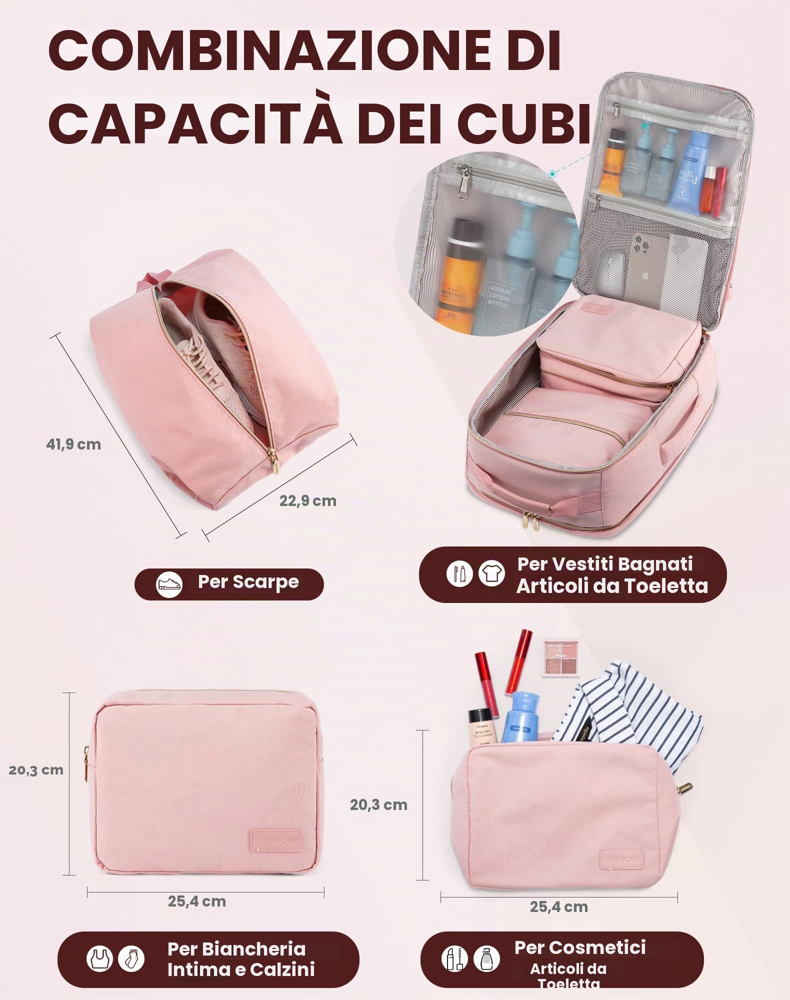 LOVEVOOK Zaino da Viaggio Aereo Bagaglio a Mano Donna Uomo Impermeabile 40L | Trolley Cabin Max per Ryanair Easyjet, Grande Porta PC 17 Pollici Valigia Borsa a Zainetto Rosa