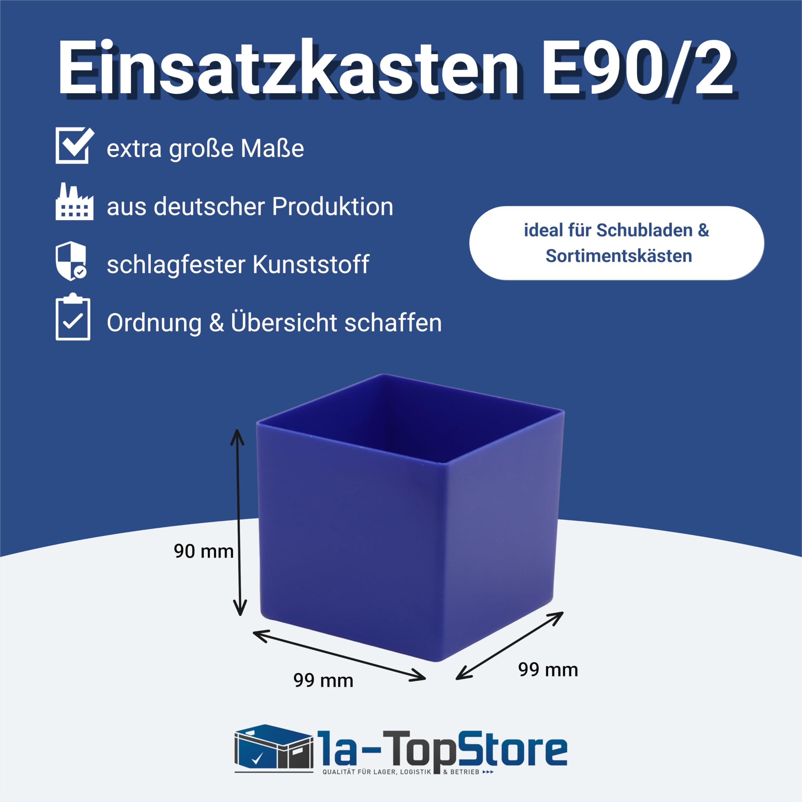 1a-TopStore Einsatzkasten 90 mm hoch, blau, LxB=99x99 mm, für Schubladen ab 90 bis 100 mm Blendenhöhe, 1 VE = 25 St.