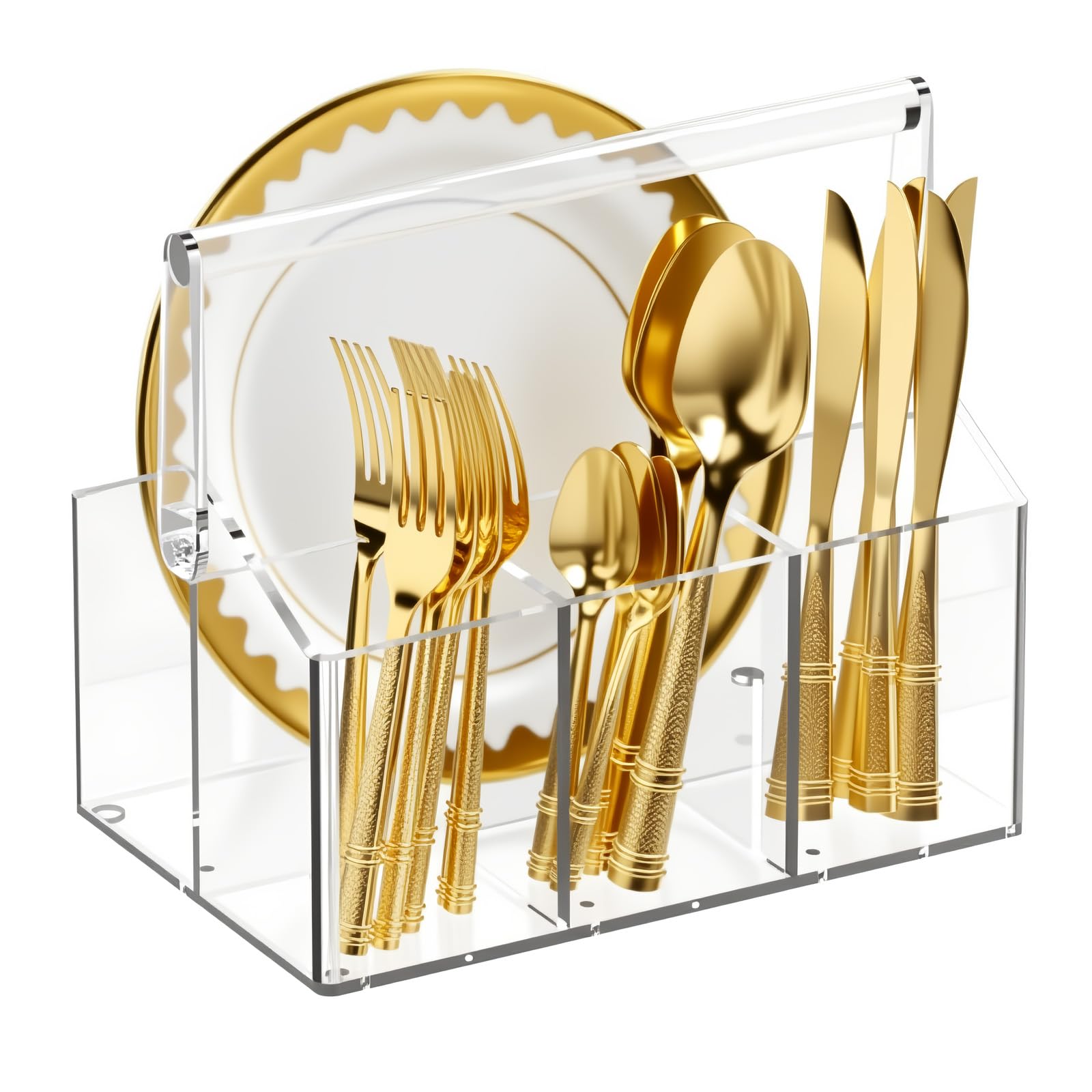 Cestino portaposate in acrilico con 4 scomparti – Porta posate in plastica trasparente per cucina buffet party – Organizzatore portaposate con manico per piatti, posate tovaglioli