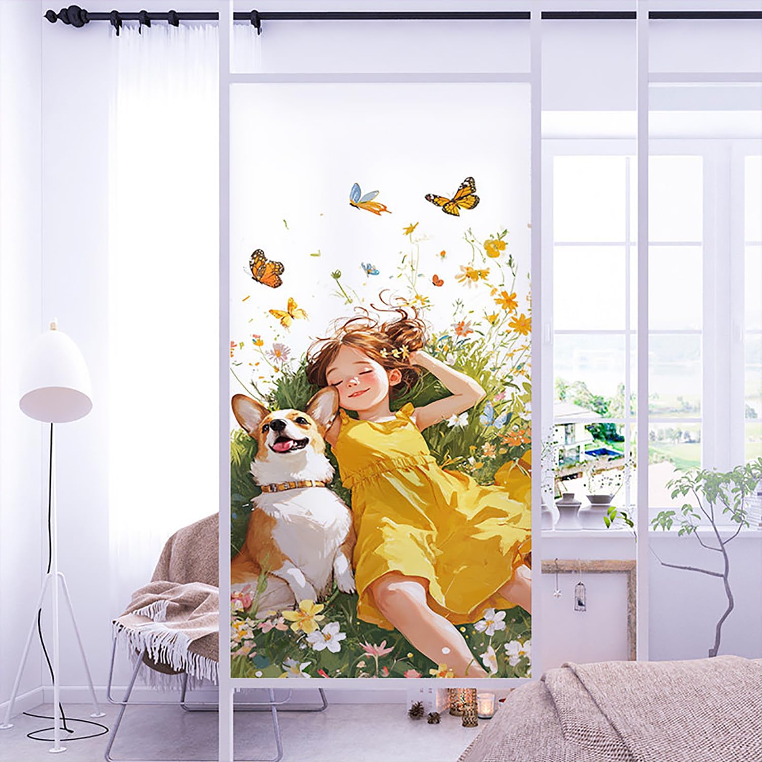 XQKXHZ Static Cling Window UV Protection Film,Anti Glare Window Cling Privacy Film,Non-Adhesive Reusable Decorative Glass Film for Home,Bedroom,Bathroom (Floral & Plants & Girl Pattern),B,90x200cm