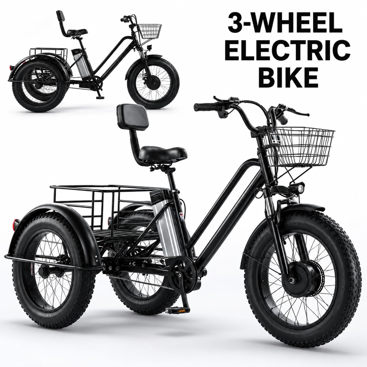 Vélo Cargo Électrique, Tricycle électrique 3 Roues pour Adultes, Pneus Larges 20'', Batterie Amovible 48V/12Ah, Autonomie 35Km, Charge Maximale 200Kg
