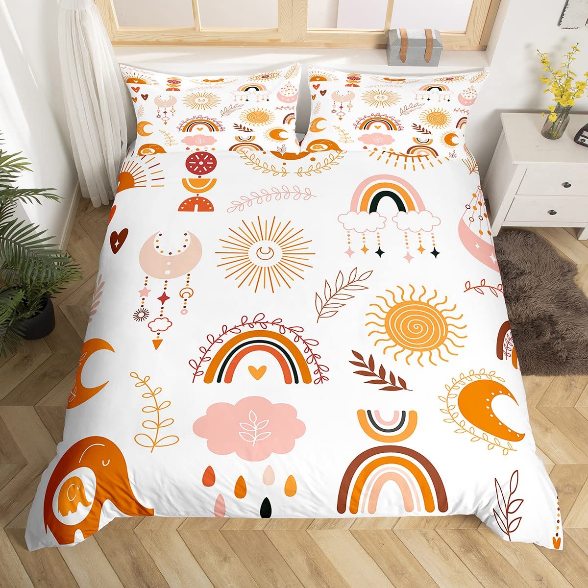 Boho Rainbow Bedding Set For Girls Super King Cute Bohemian Eyes Moon Sun Duvet Cover Kawaii Cloud Dream Catcher Comforter Cover For Kids Nursery Cartoon Hand Drawn Doodle Quilt Cover 2 Pillowcase โ image 1