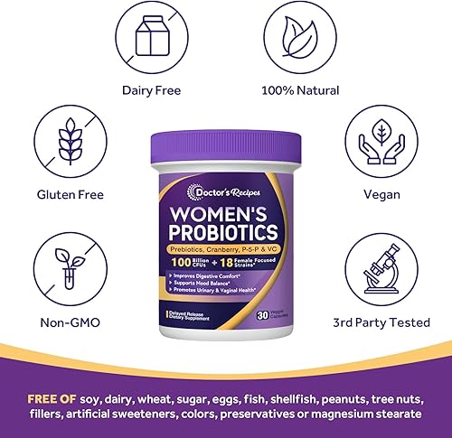 Miniatura 5 de Doctor's Recipes Probióticos para mujeres, 100 mil millones de UFC, 18 cepas probióticas, prebióticos, arándano, P-5-P y VC, vaginal, digestivo,
